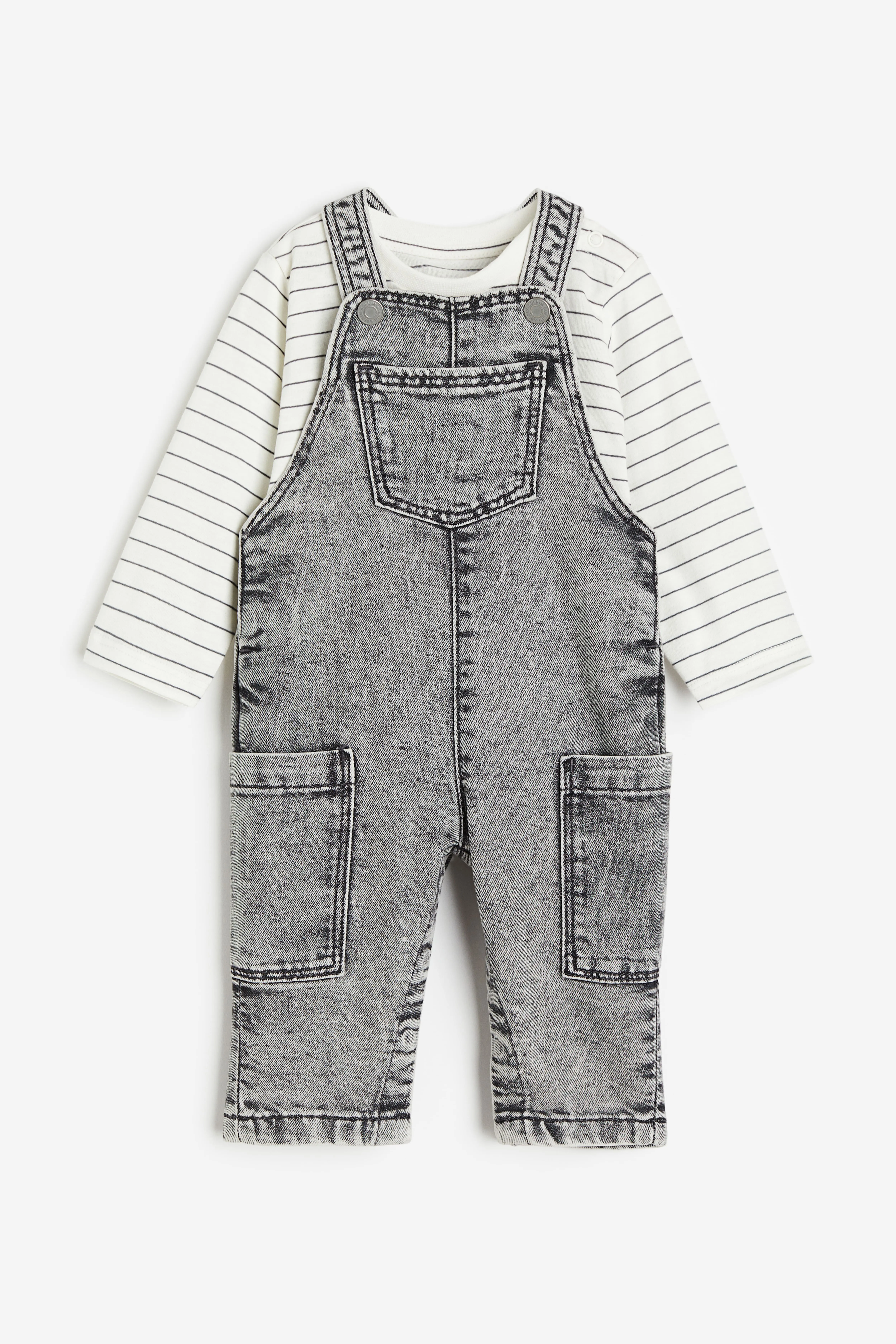 2-piece top and dungaree set - Round neck - Long sleeve - Denim grey/Striped - Kids | H&M GB