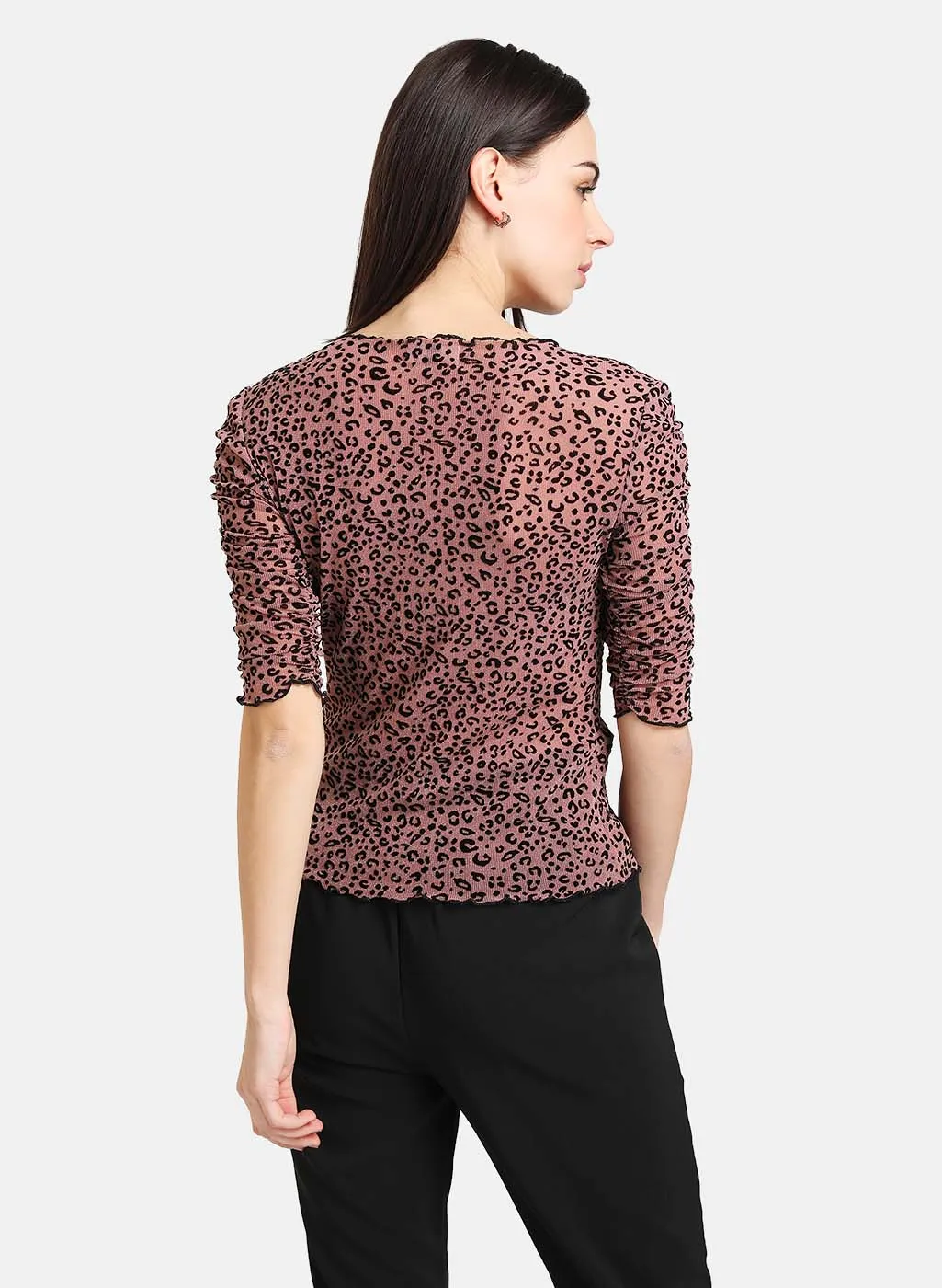 Animal Print Top With Ruched Sleeves