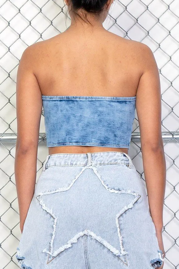 Asymmetrical Hem Sleeveless Denim Crop Top