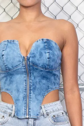 Asymmetrical Hem Sleeveless Denim Crop Top