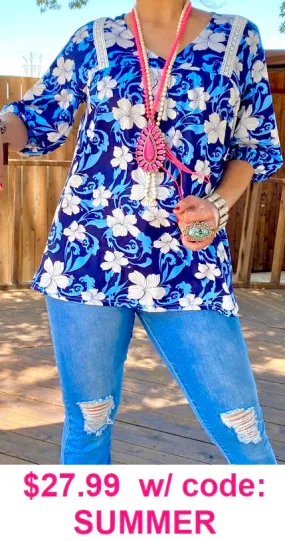 Beautiful Navy, Blue,and White Floral Blouse with v-neck