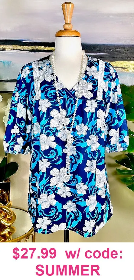 Beautiful Navy, Blue,and White Floral Blouse with v-neck