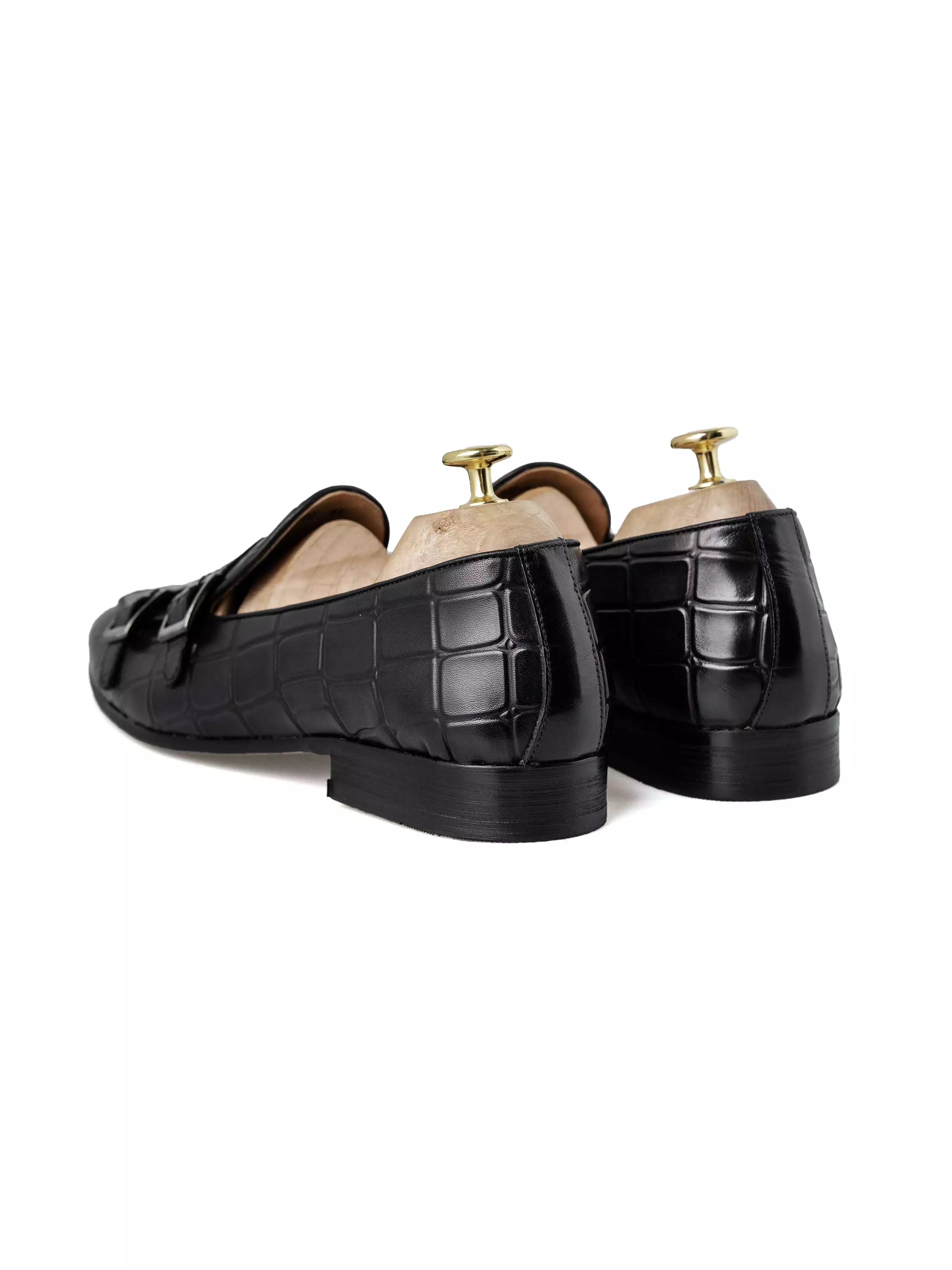 Belgian Loafer - Black Grey Croco Double Monk Strap (Hand Painted Patina)