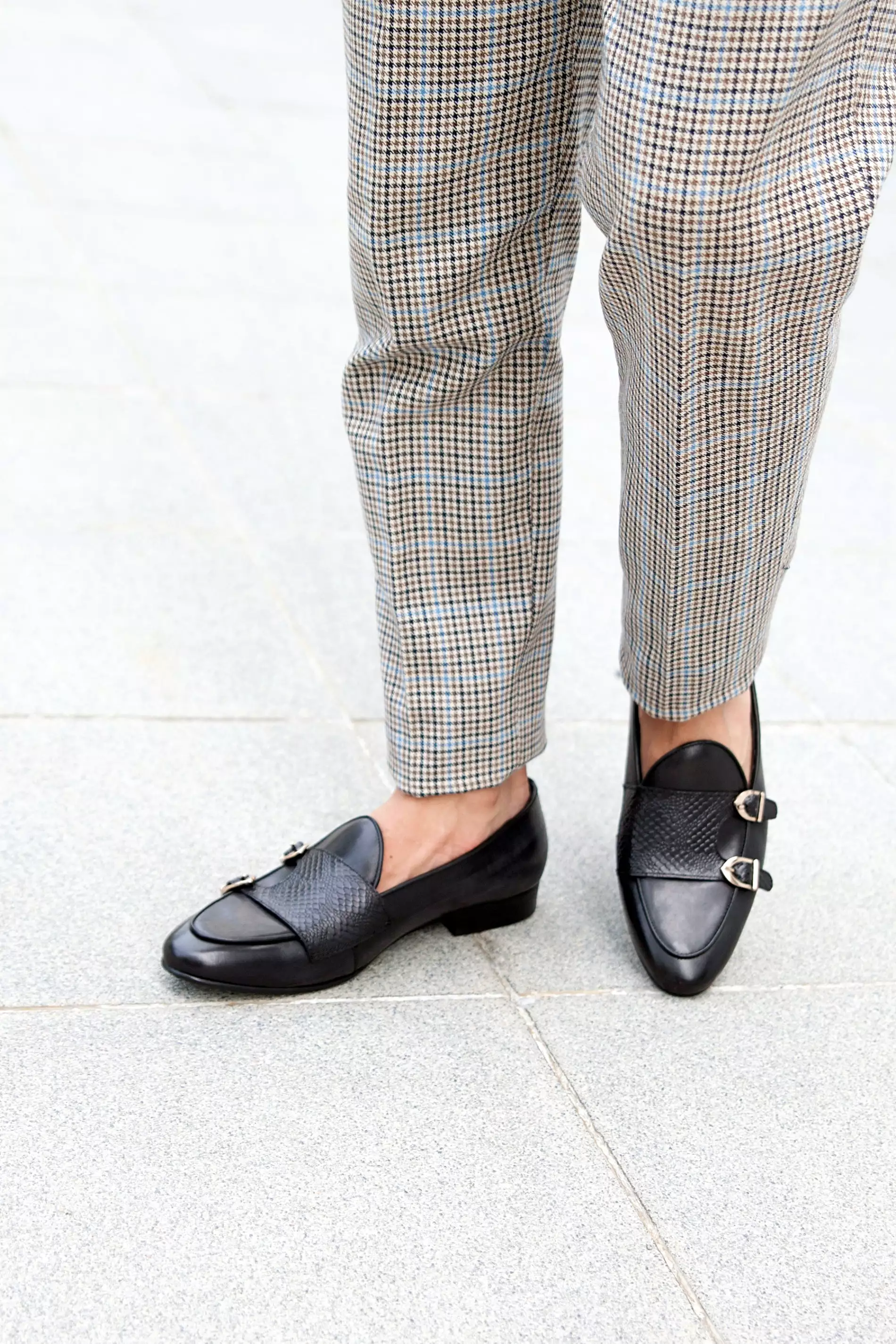 Belgian Loafer - Black Grey Snake Skin Double Monk Strap (Hand Painted Patina)