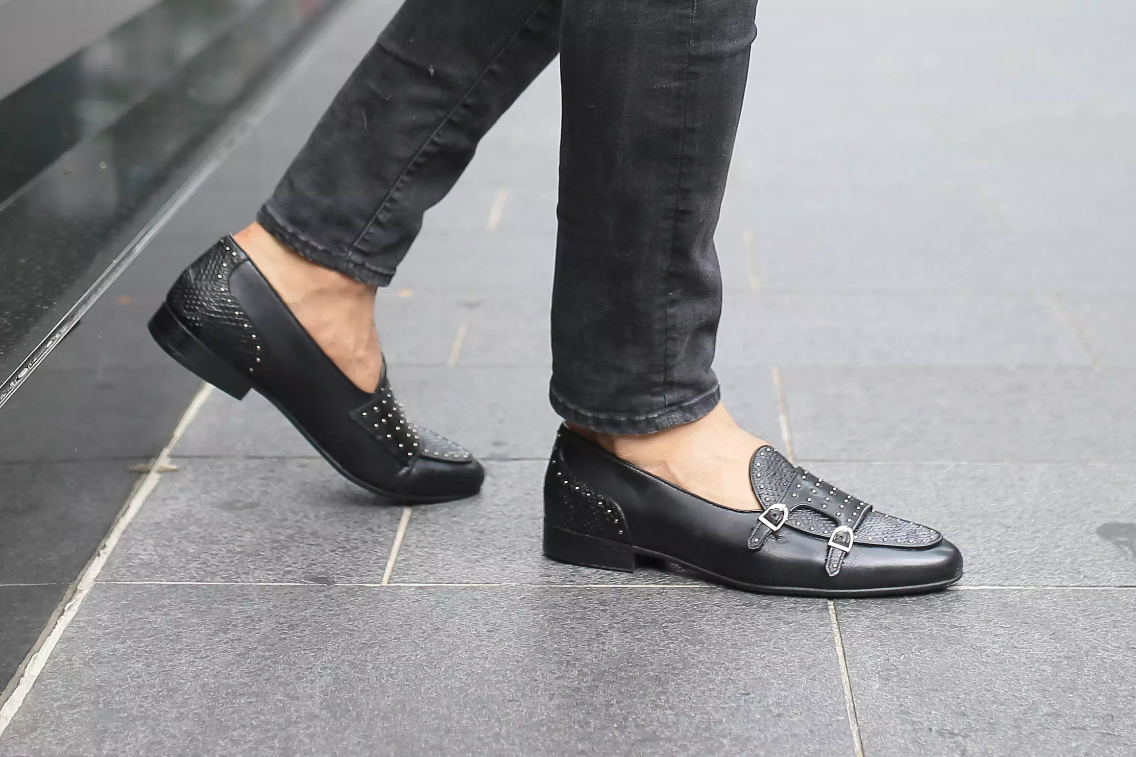 Belgian Loafer - Black Snake Skin Double Monk Strap with Studded