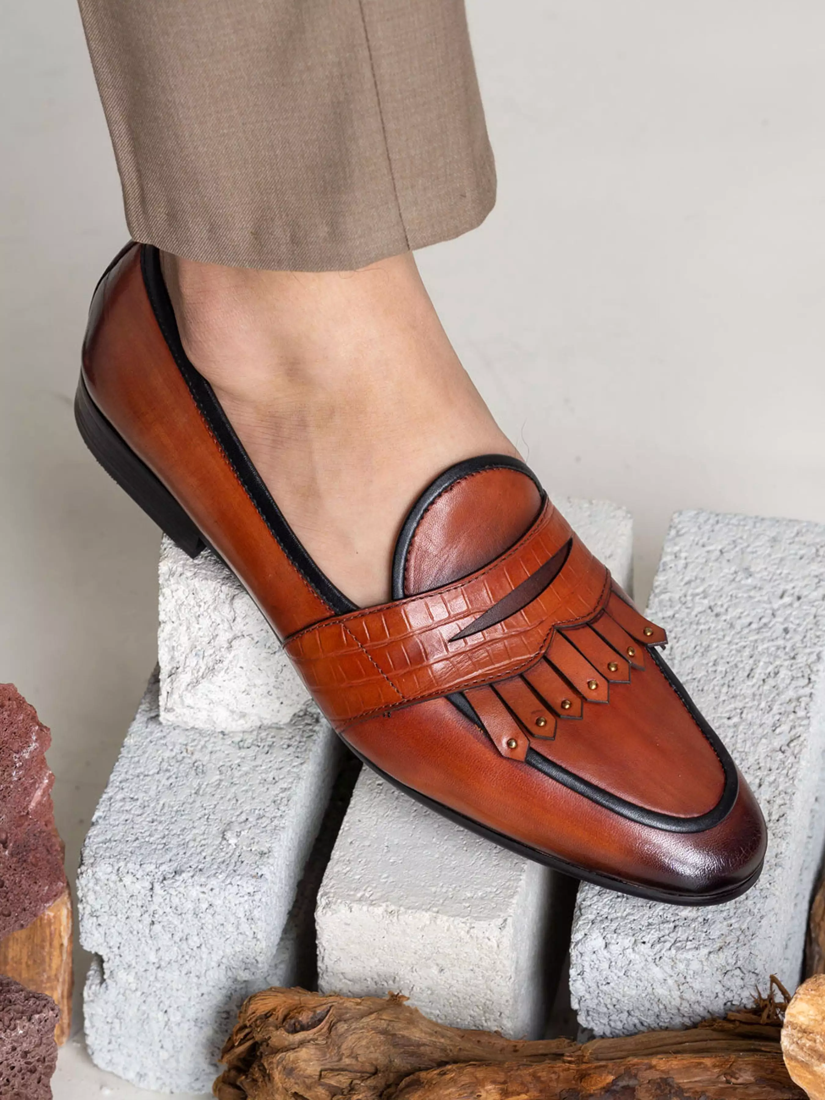 Belgian Loafer - Cognac Tan Phyton Penny Strap with Studded Fringe (Hand Painted Patina)