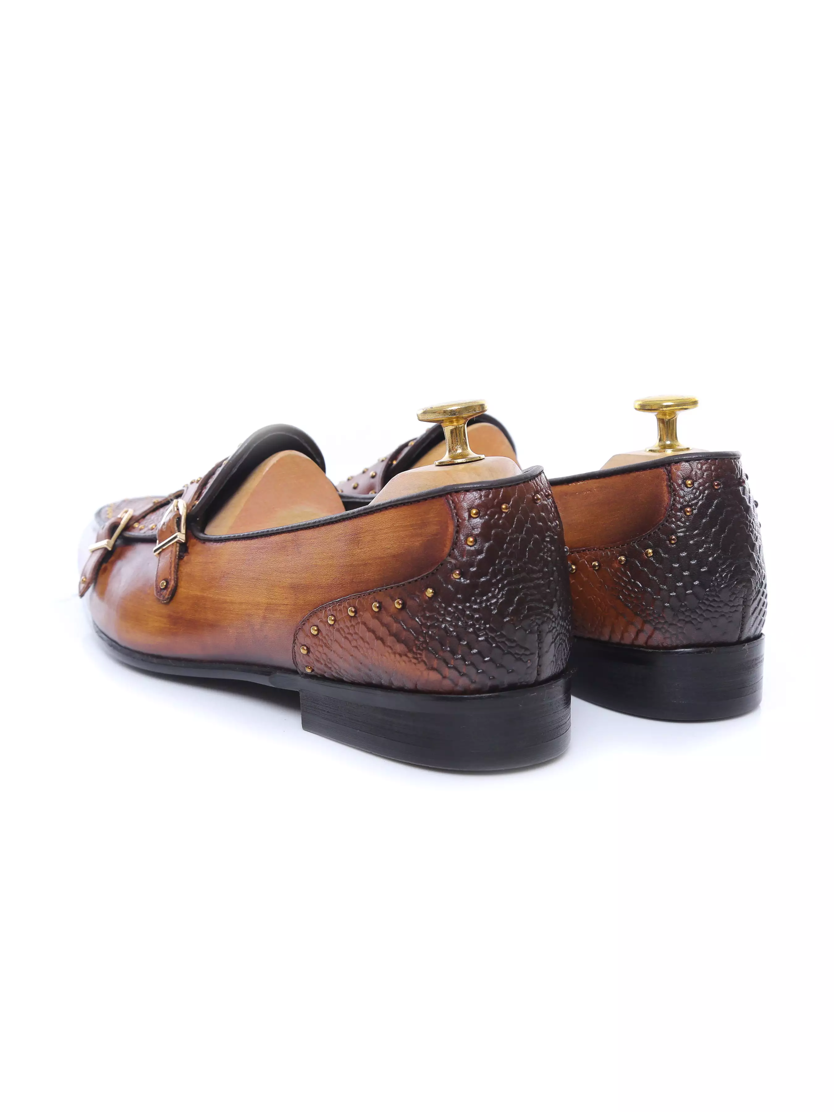 Belgian Loafer - Cognac Tan Snake Skin Double Monk Strap with Studded (Hand Painted Patina)