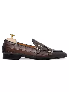 Belgian Loafer - Dark Brown Croco Double Monk Strap (Hand Painted Patina)