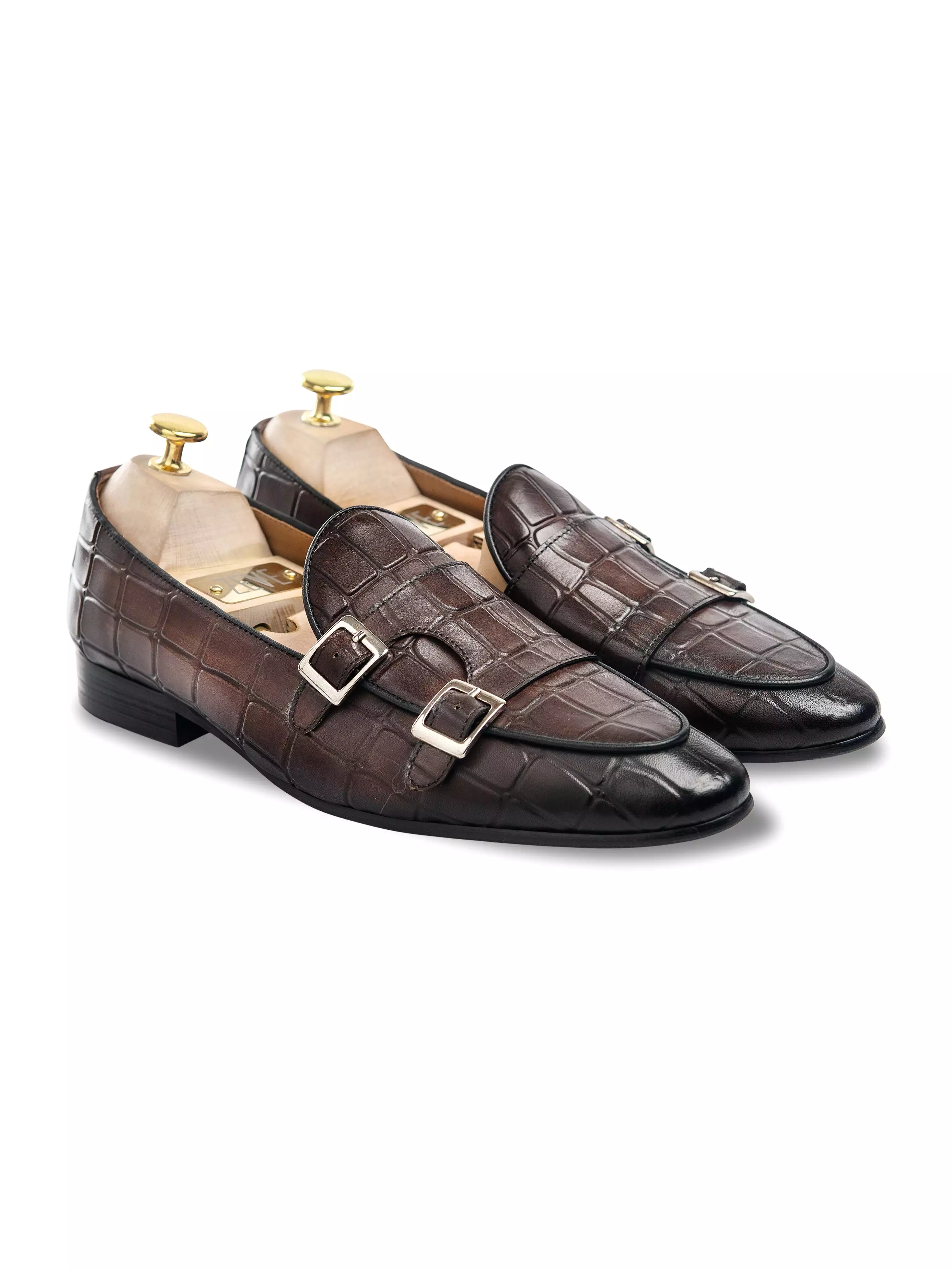 Belgian Loafer - Dark Brown Croco Double Monk Strap (Hand Painted Patina)