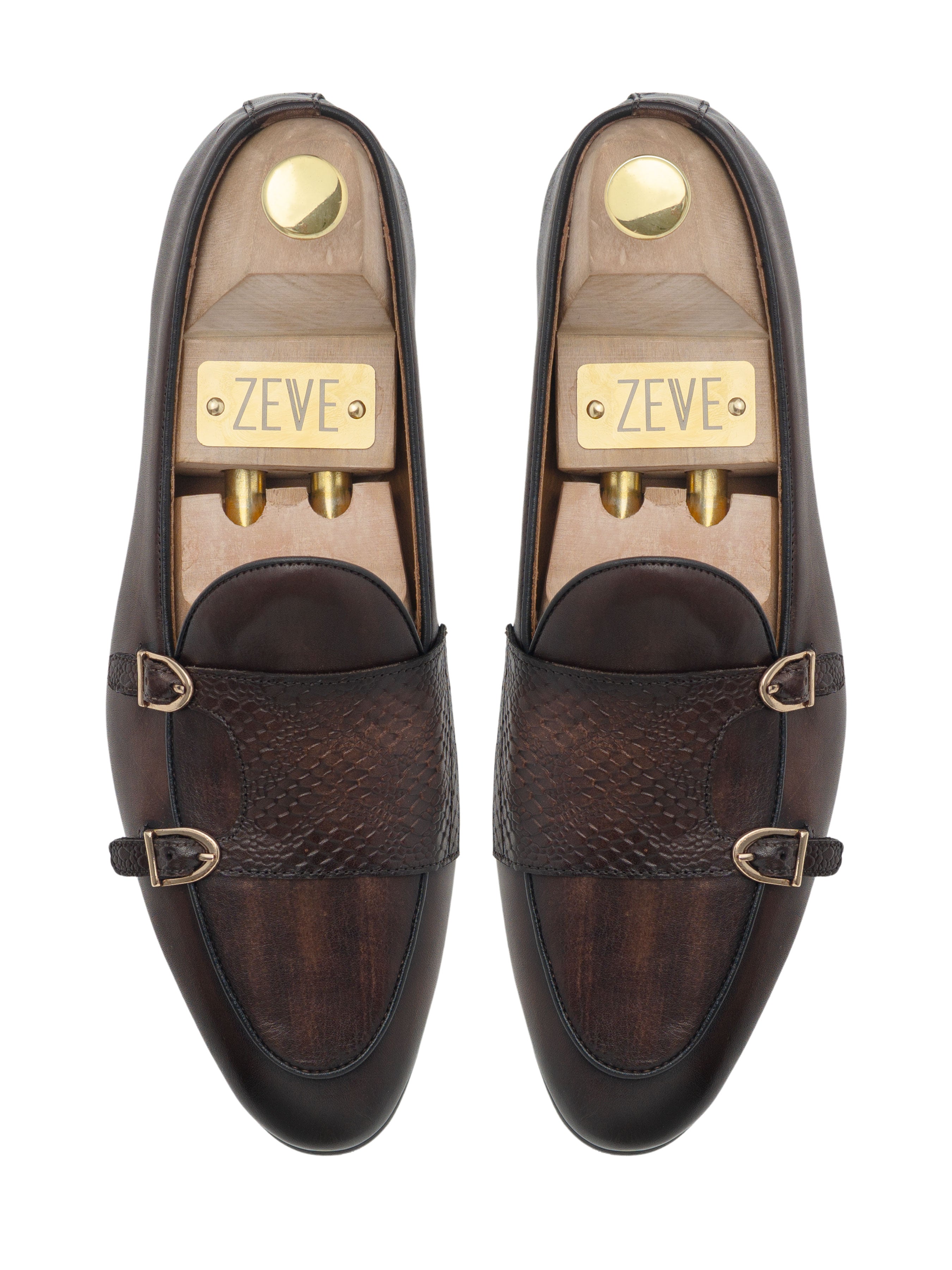 Belgian Loafer - Dark Brown Snake Skin Double Monk Strap (Hand Painted Patina)