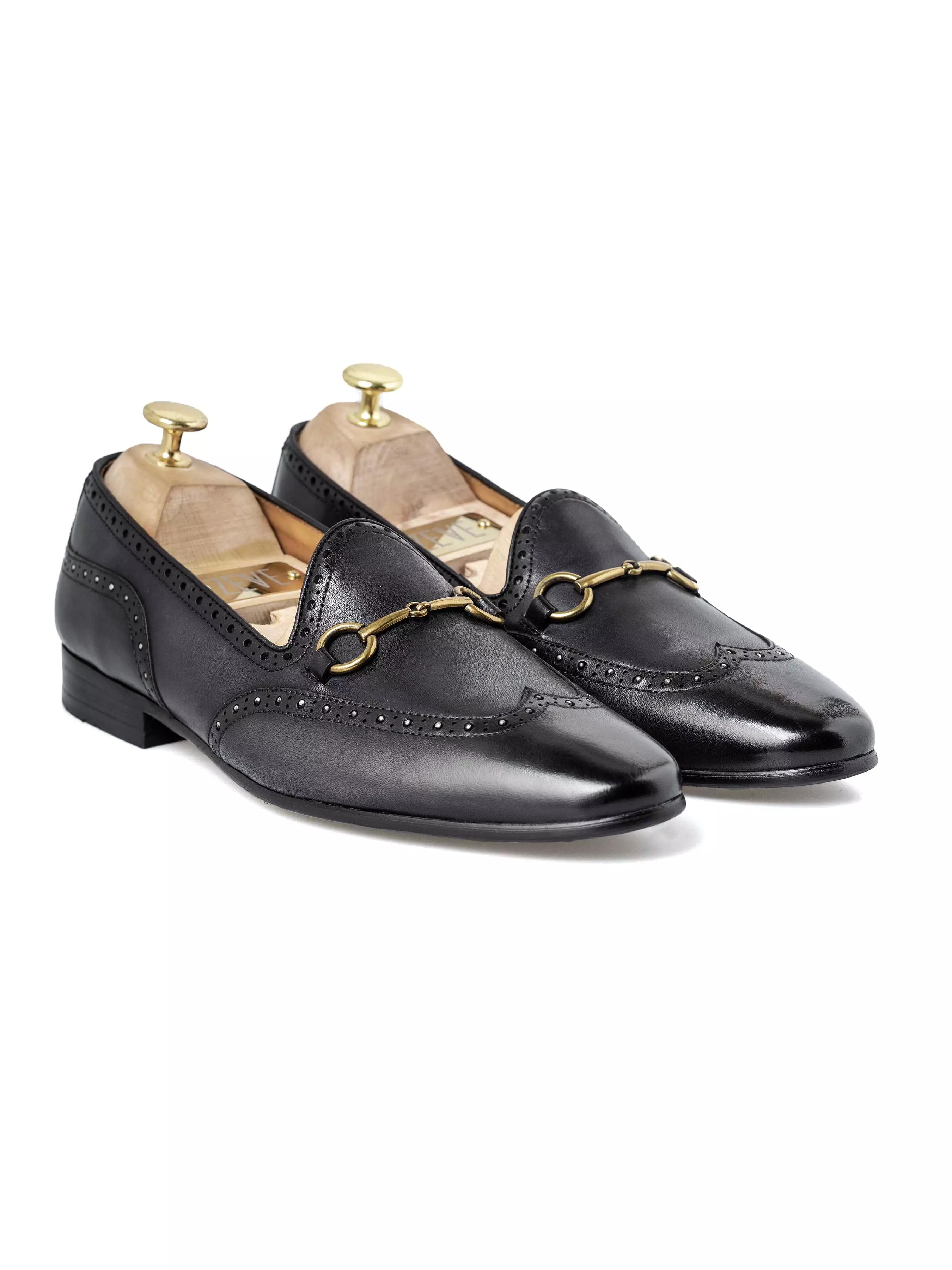 Belgian Loafer Horsebit Buckle - Black Grey with Studded Wingtip (Hand Painted Patina)