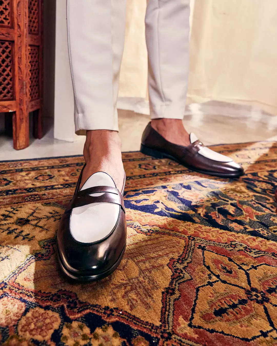 Belgian Loafer Penny Duo - Coffee Patina & White (Hand Painted Patina)