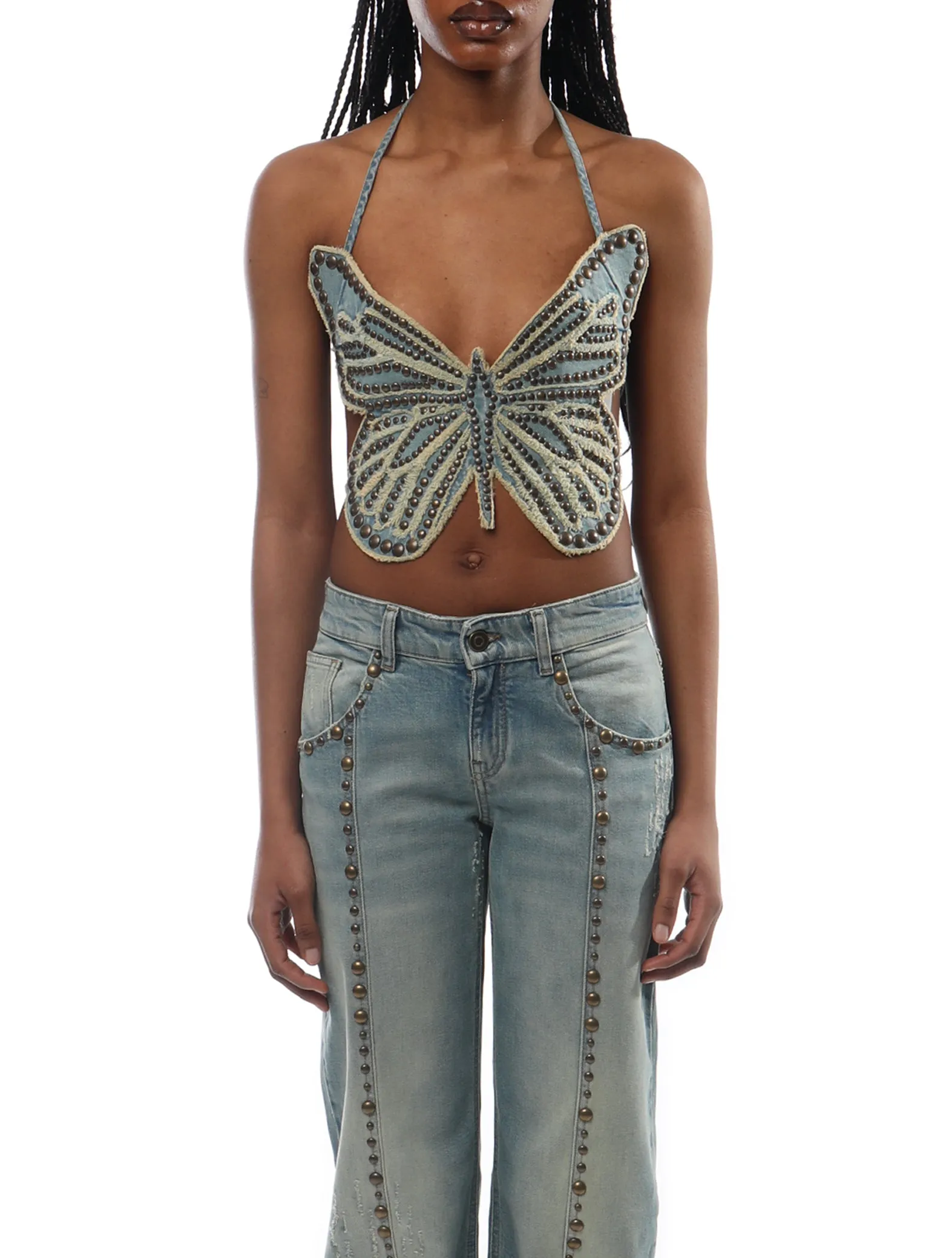 Blumarine Studded Butterfly Denim Top