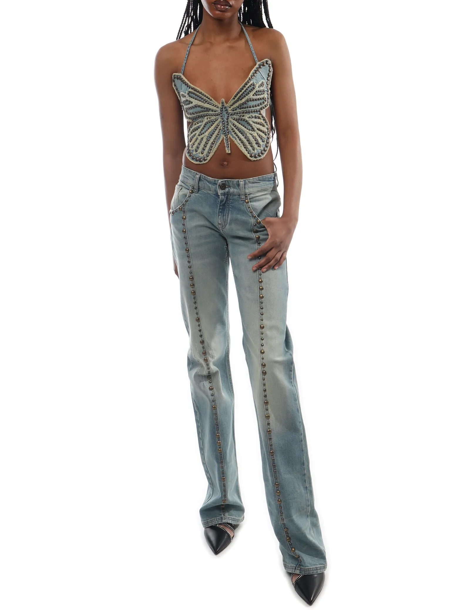 Blumarine Studded Butterfly Denim Top