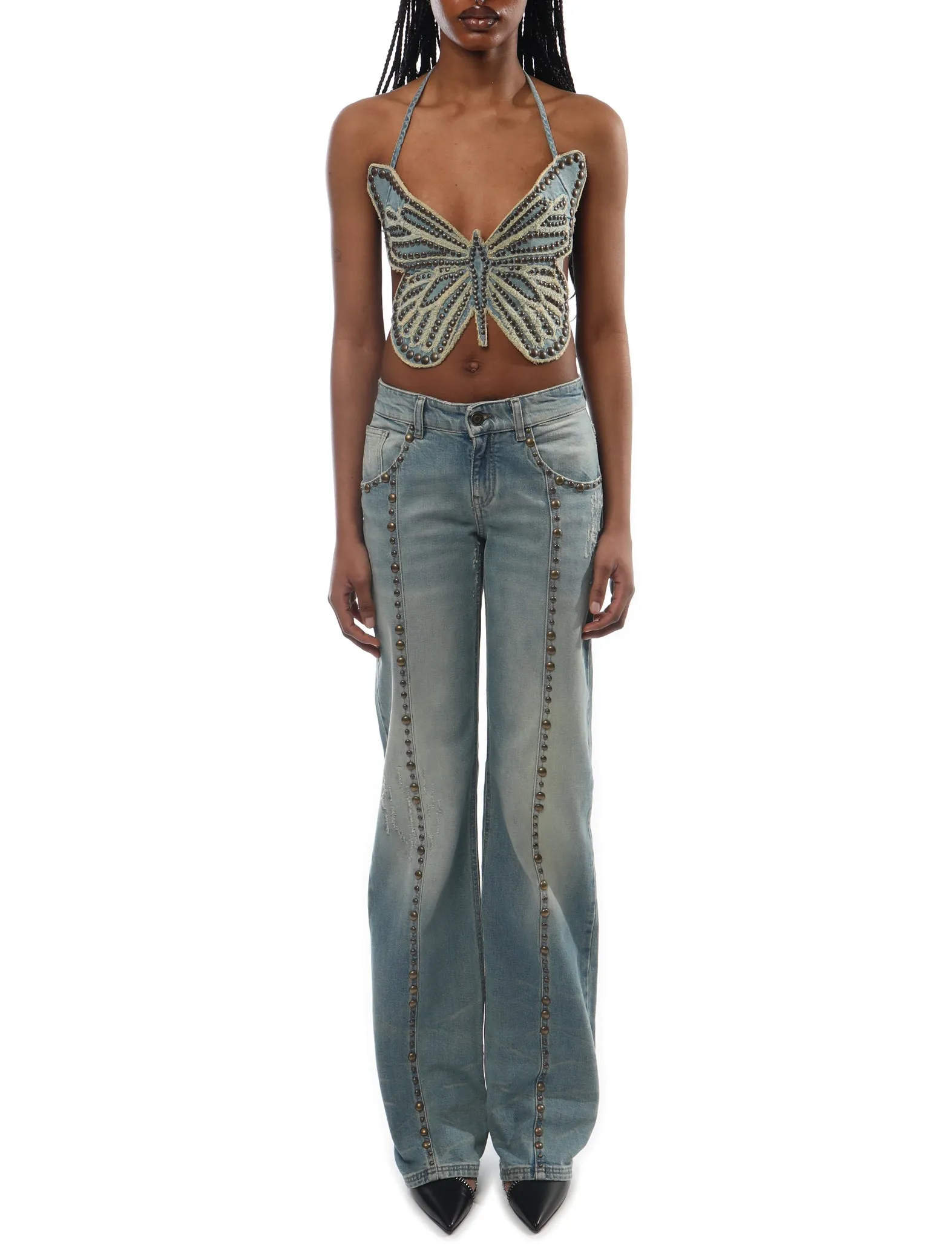 Blumarine Studded Butterfly Denim Top