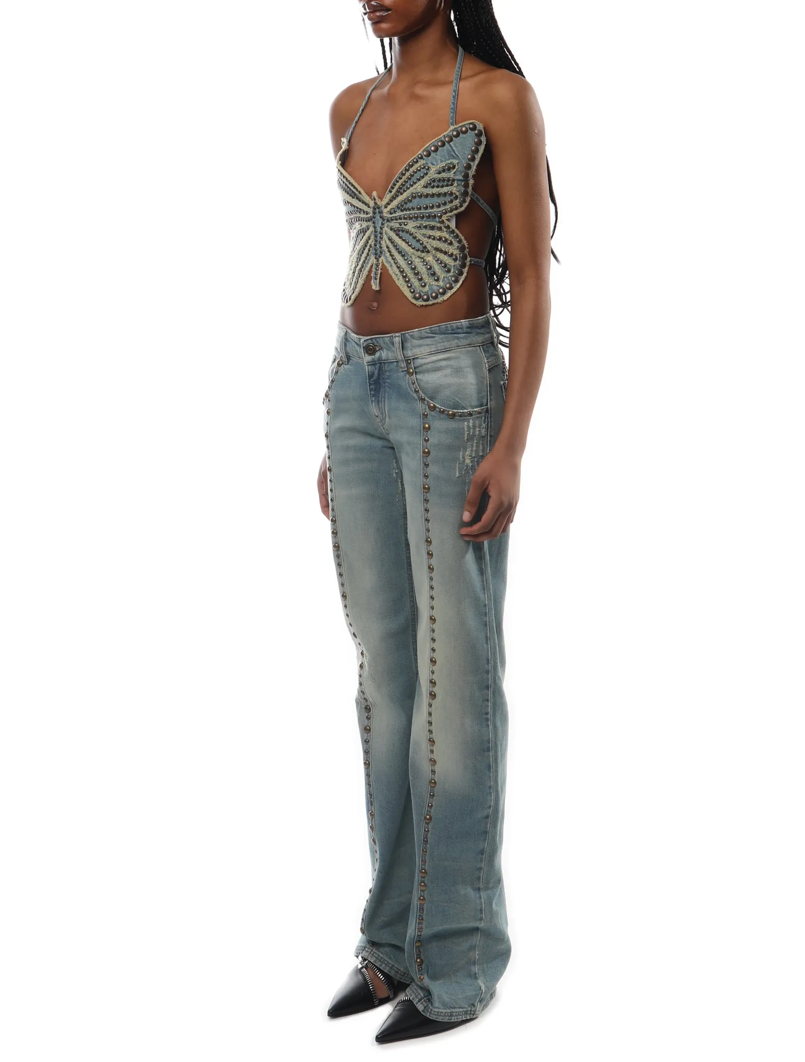 Blumarine Studded Butterfly Denim Top