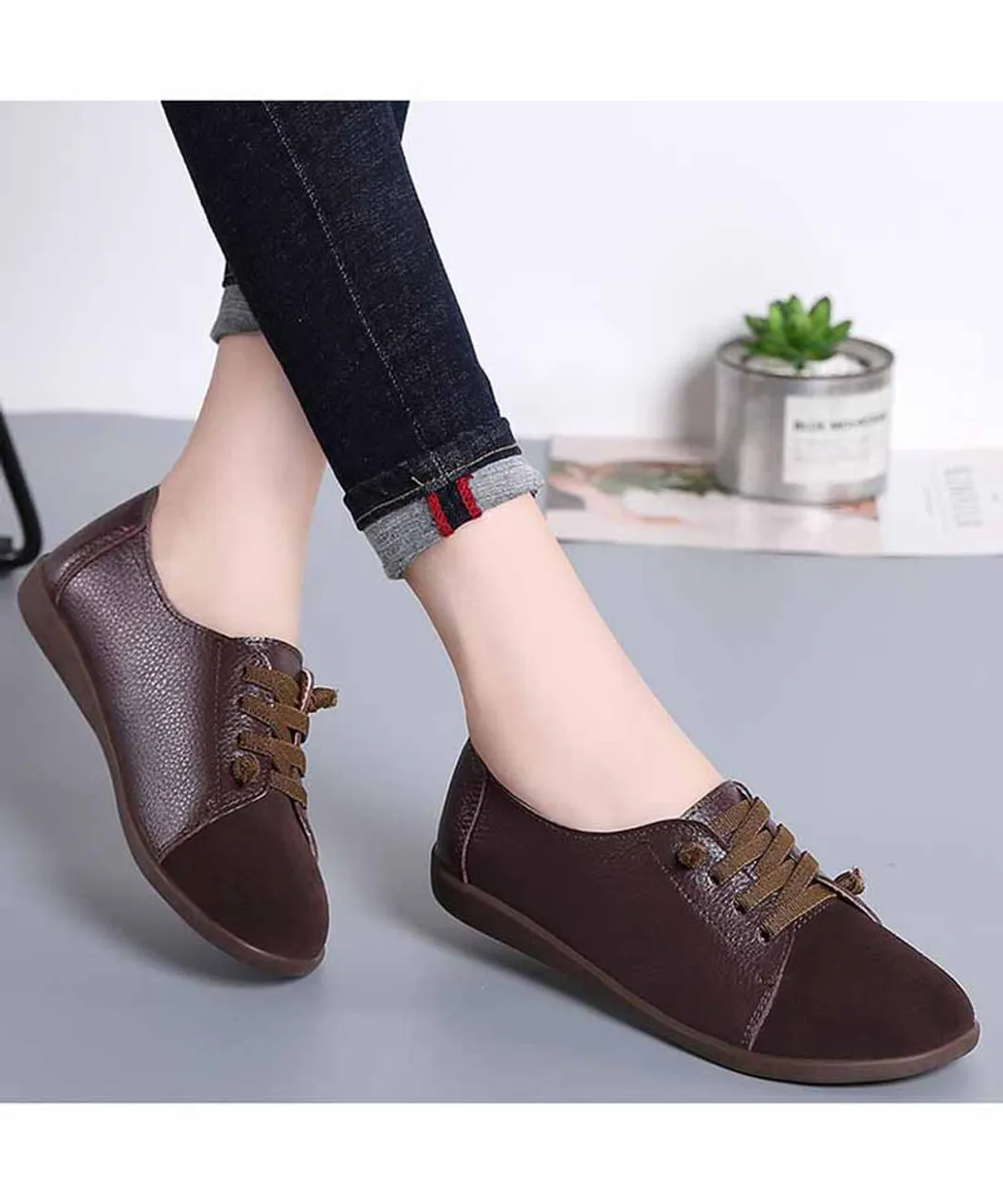 Brown casual suede splicing lace up shoe sneaker