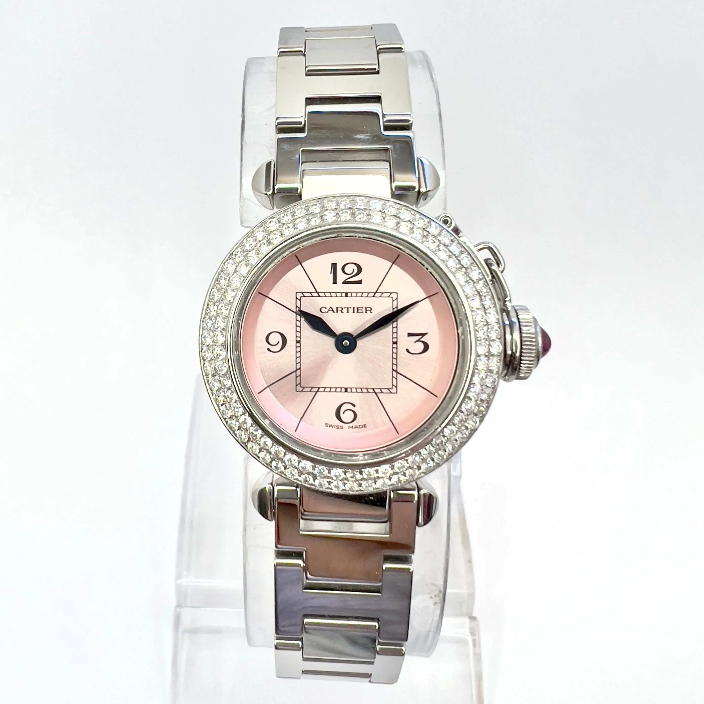 CARTIER PASHA Quartz 27mm Steel 0.73TCW DIAMOND Watch Pink Dial