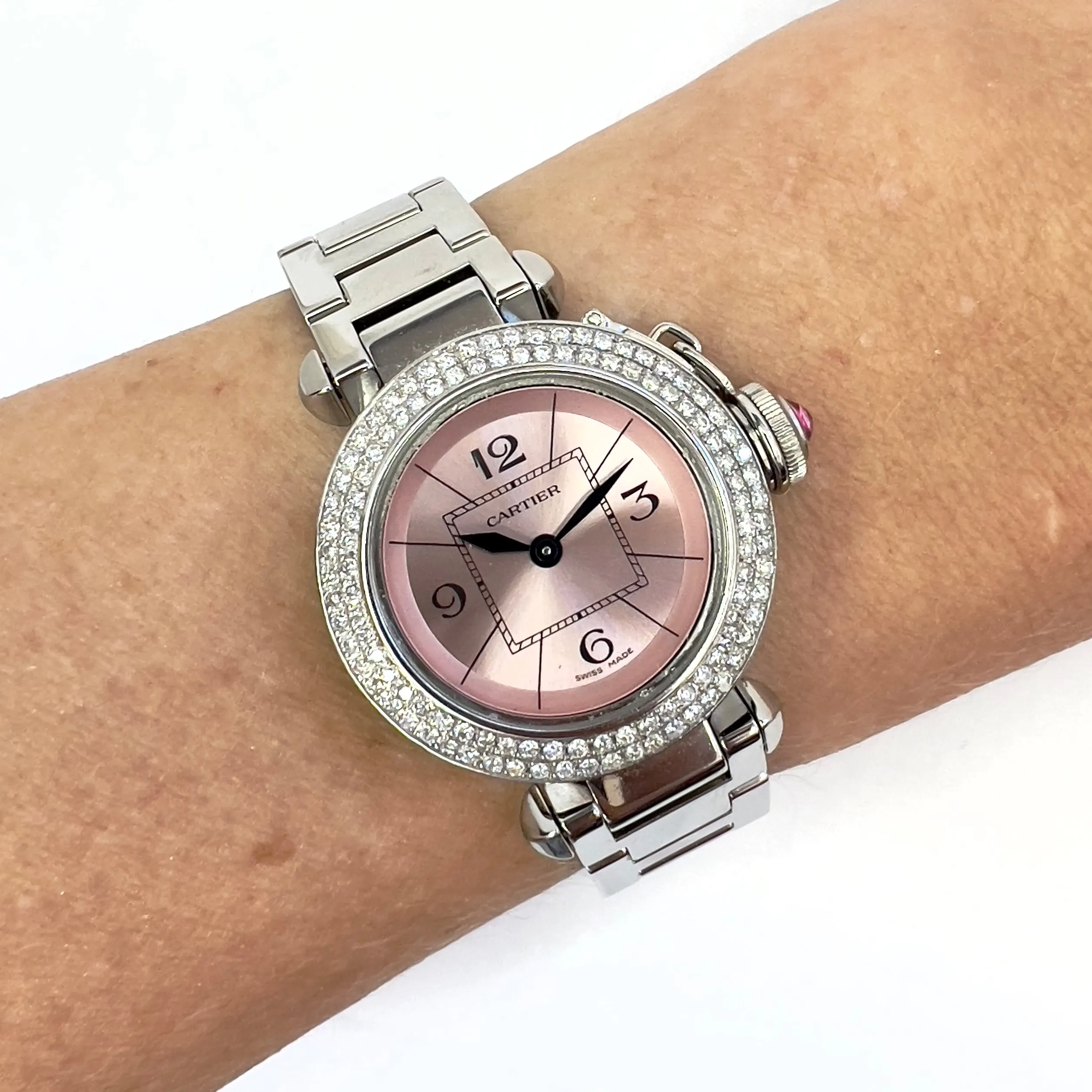 CARTIER PASHA Quartz 27mm Steel 0.73TCW DIAMOND Watch Pink Dial