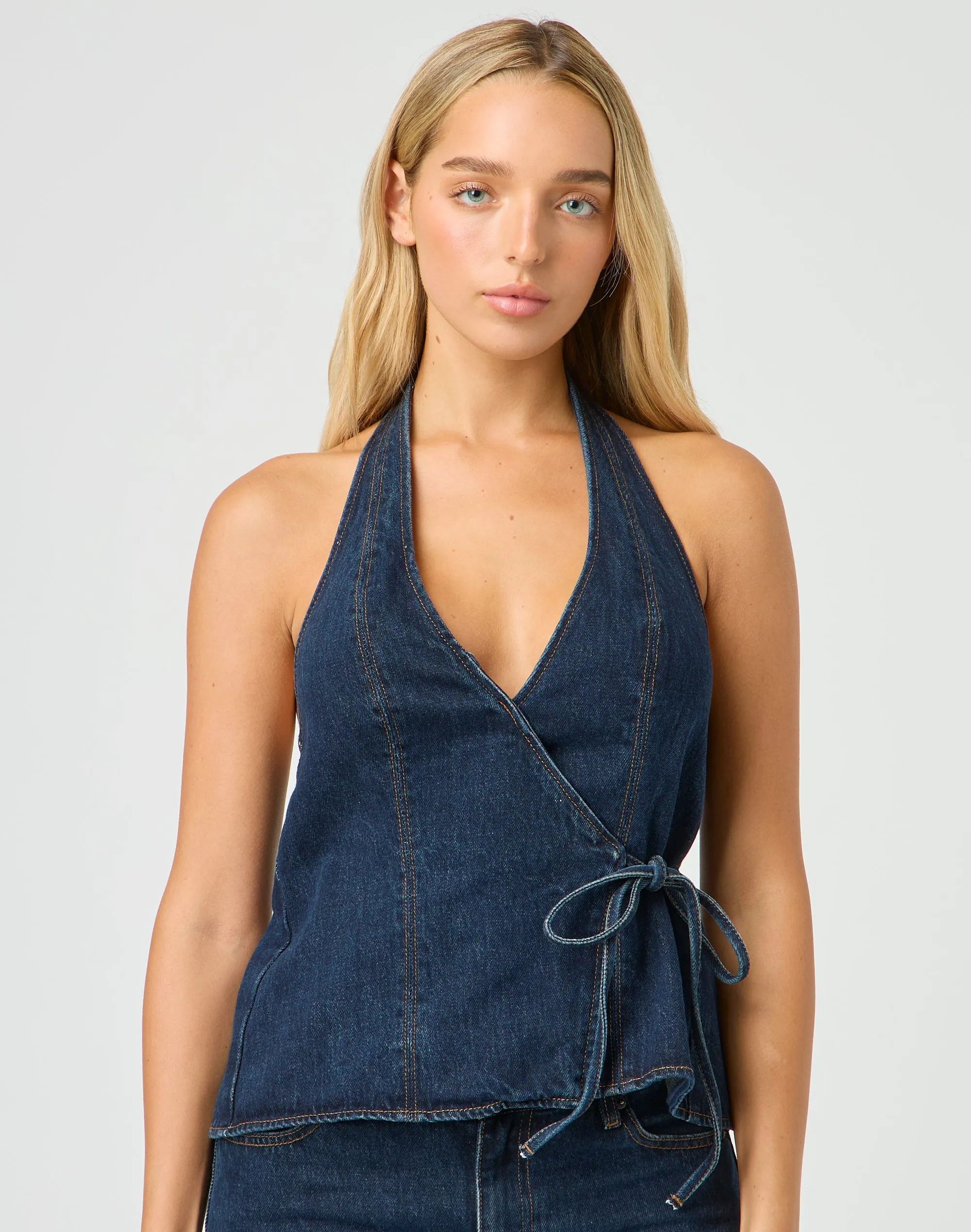 Denim Cross Front Halter Top in Indigo Jones | Glassons