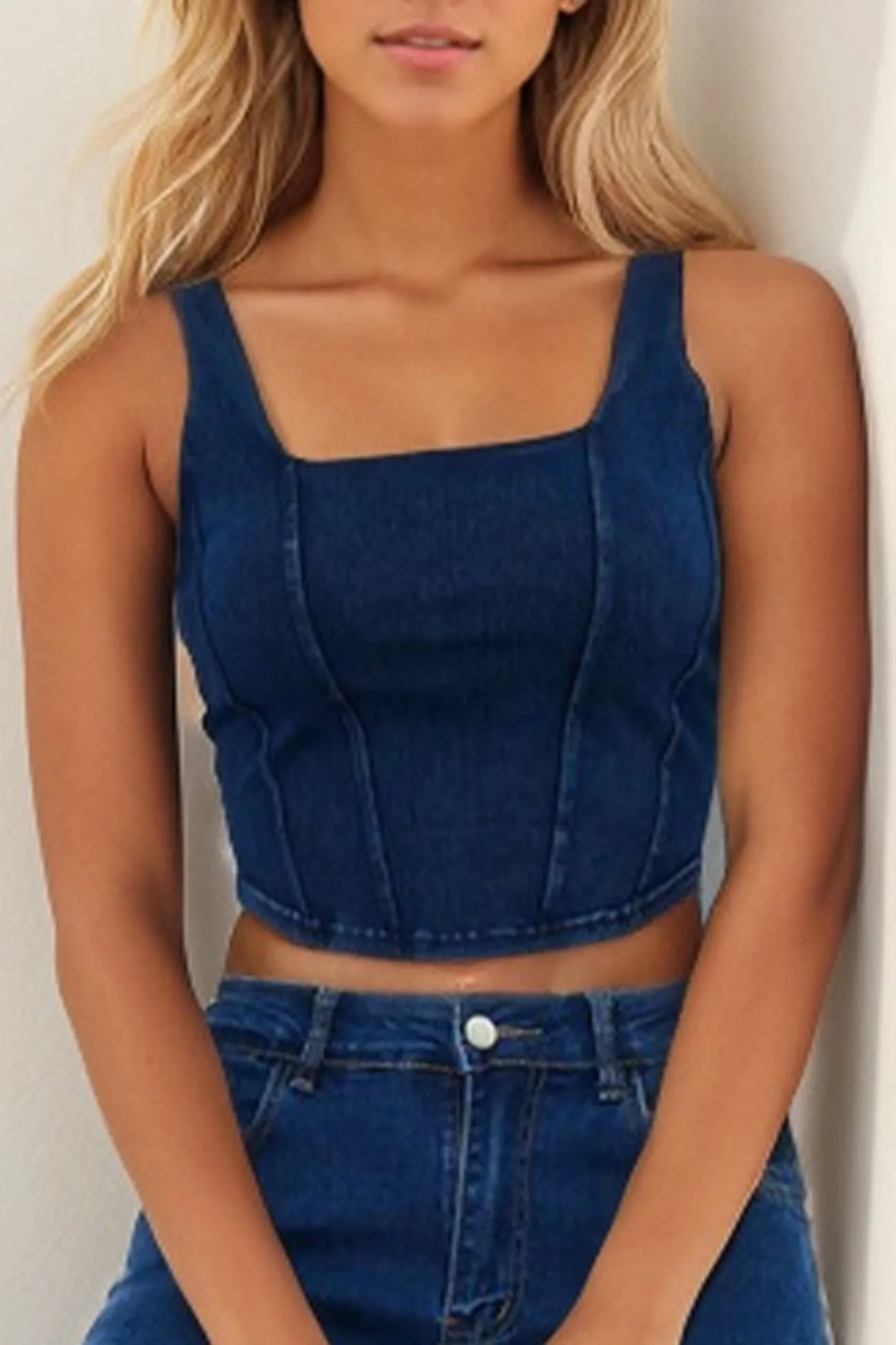 Denim Square Neck Detailed Seam Tank Top