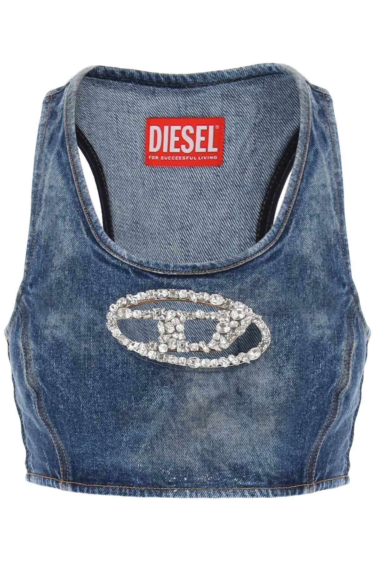 Diesel denim crop top with jewel buckle A13821 0PGAL DENIM