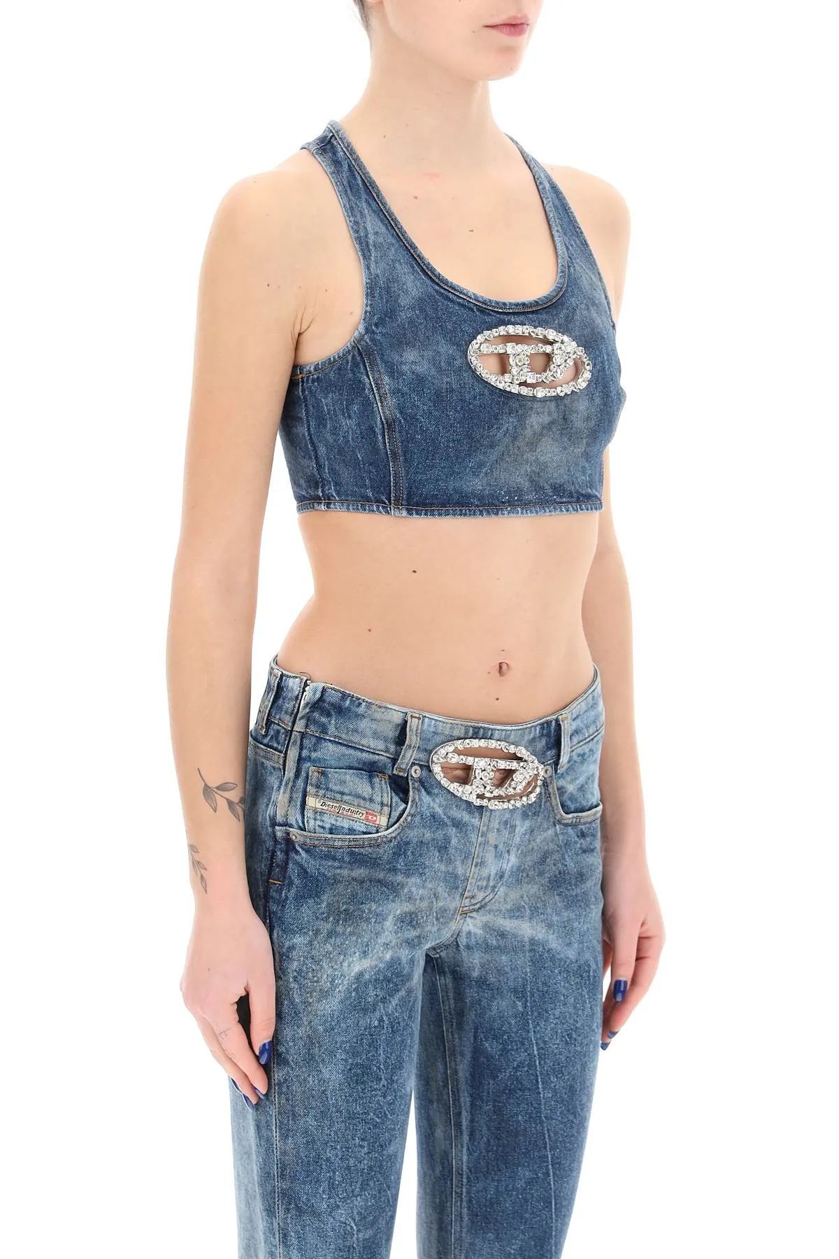 Diesel denim crop top with jewel buckle A13821 0PGAL DENIM