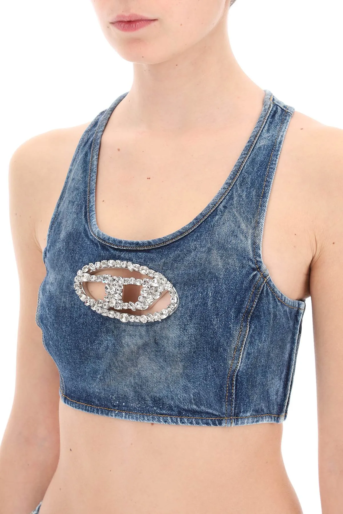 Diesel denim crop top with jewel buckle A13821 0PGAL DENIM