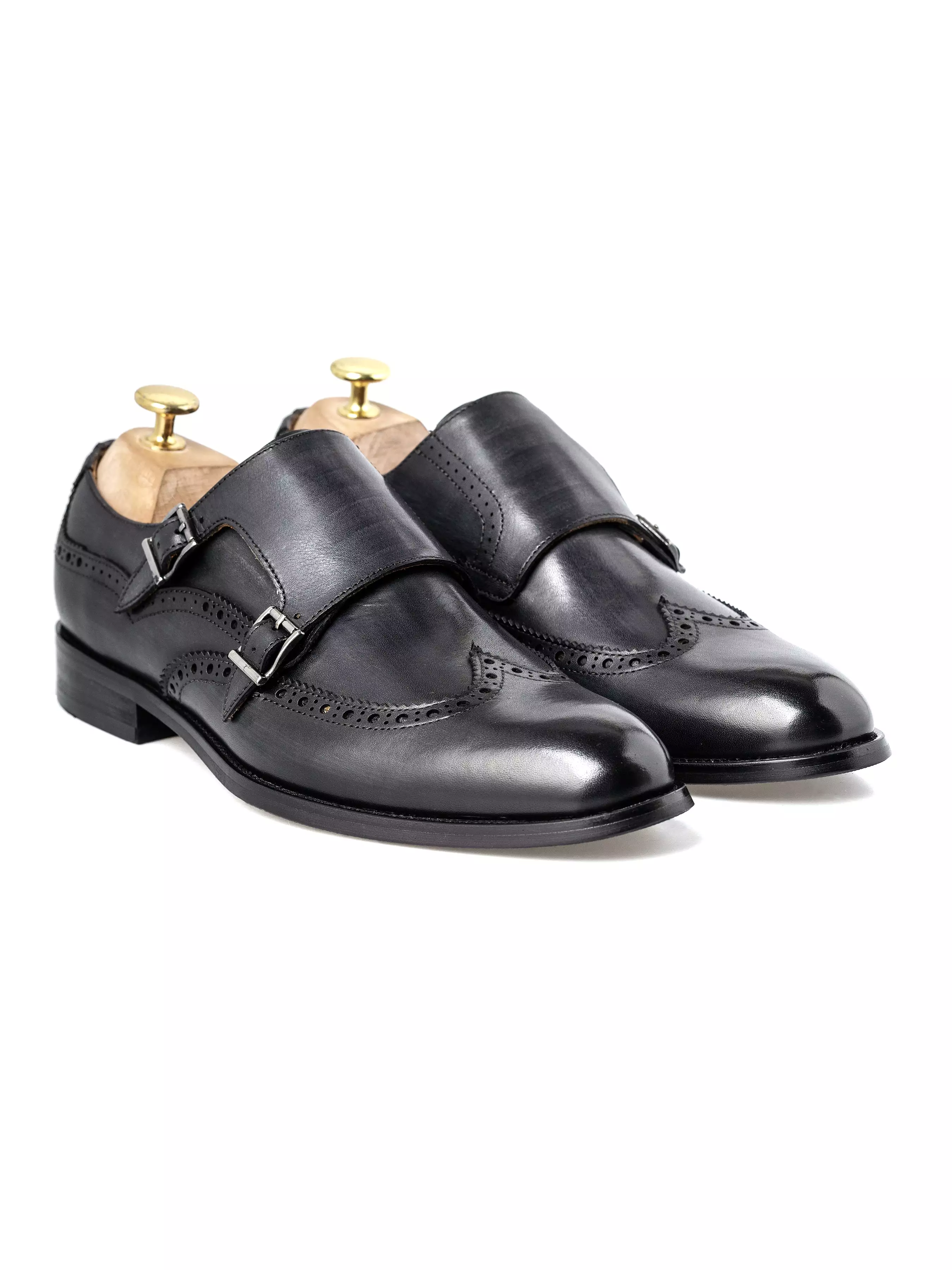 Double Monk Strap Brogue Wingtip - Duo Tone Black (Hand Painted Patina)