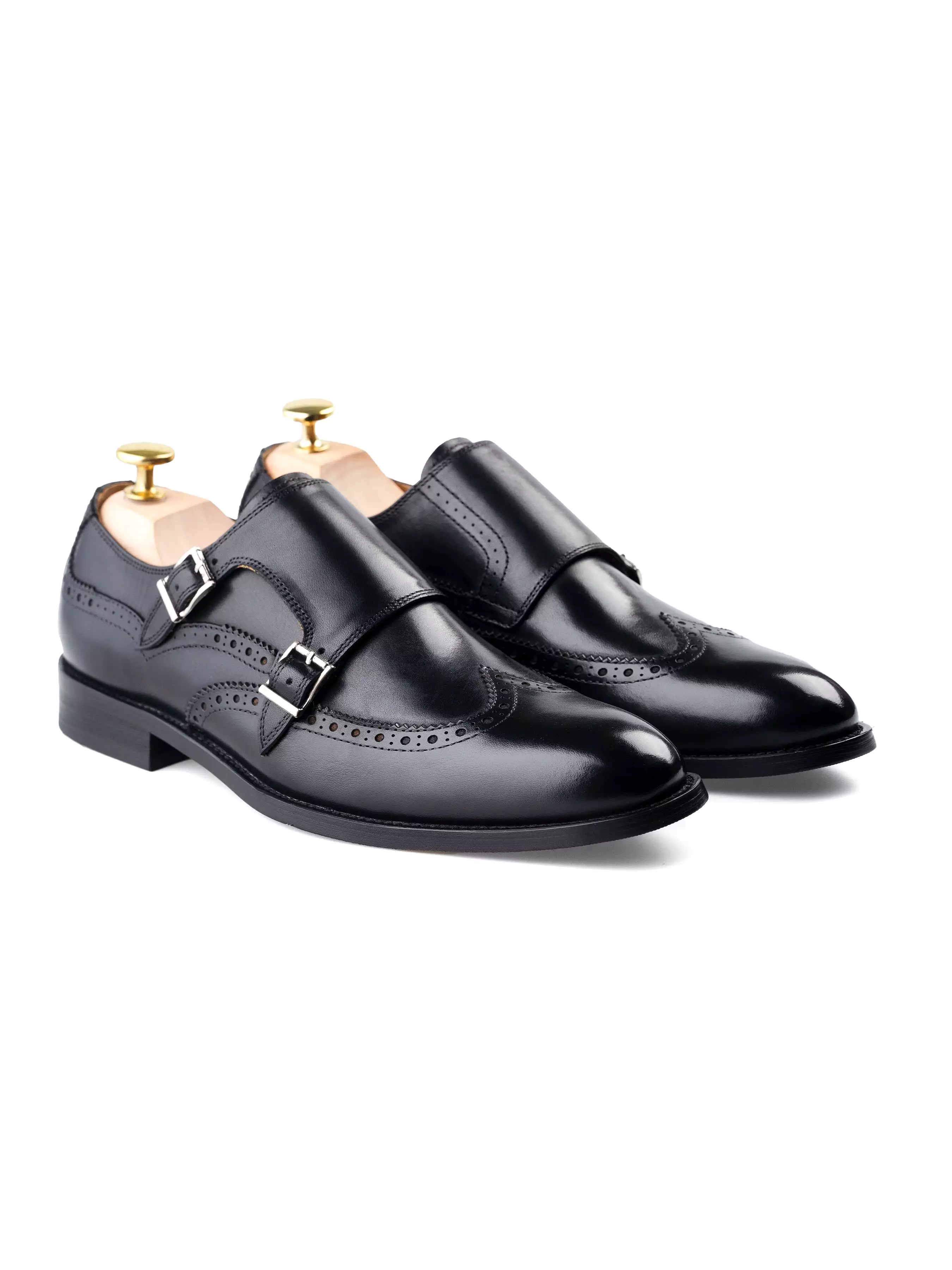 Double Monk Strap Brogue Wingtip - Solid Black (Hand Painted Patina)