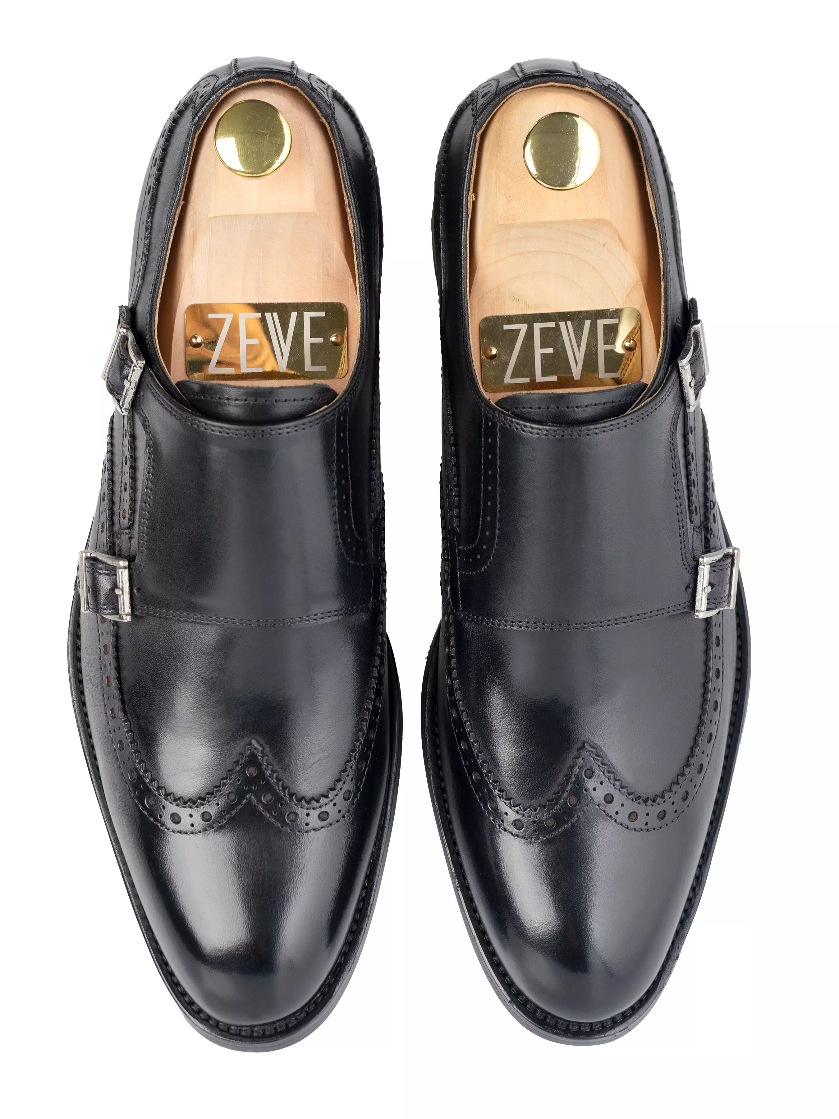 Double Monk Strap Brogue Wingtip - Solid Black (Hand Painted Patina)