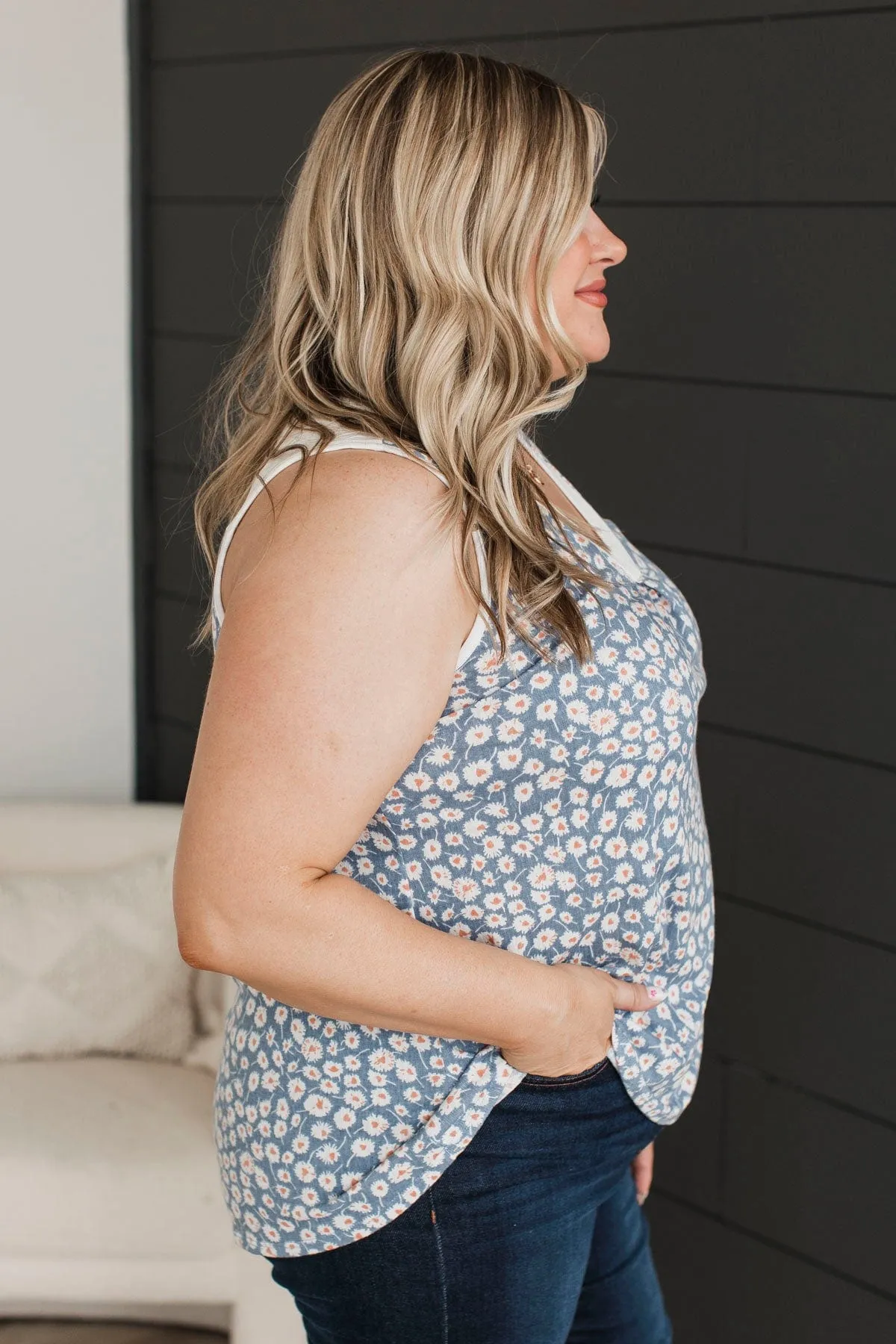 Faith In Miracles Floral Tank Top- Denim