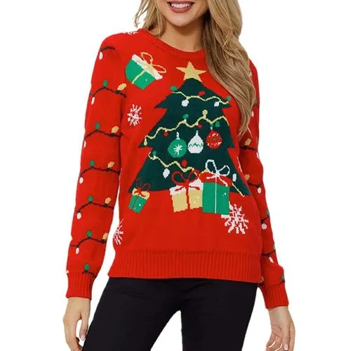 Fashion Christmas Tree Acrylic Round Neck Long Sleeve Regular Sleeve Rib-knit Sweater