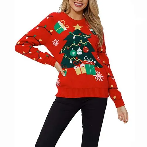 Fashion Christmas Tree Acrylic Round Neck Long Sleeve Regular Sleeve Rib-knit Sweater