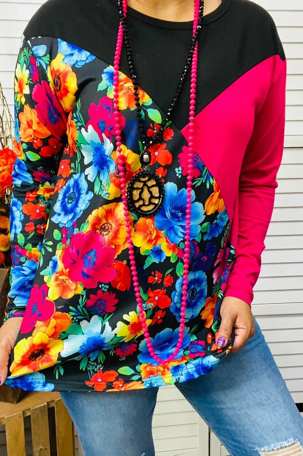 Floral, Black, Pink long sleeve top