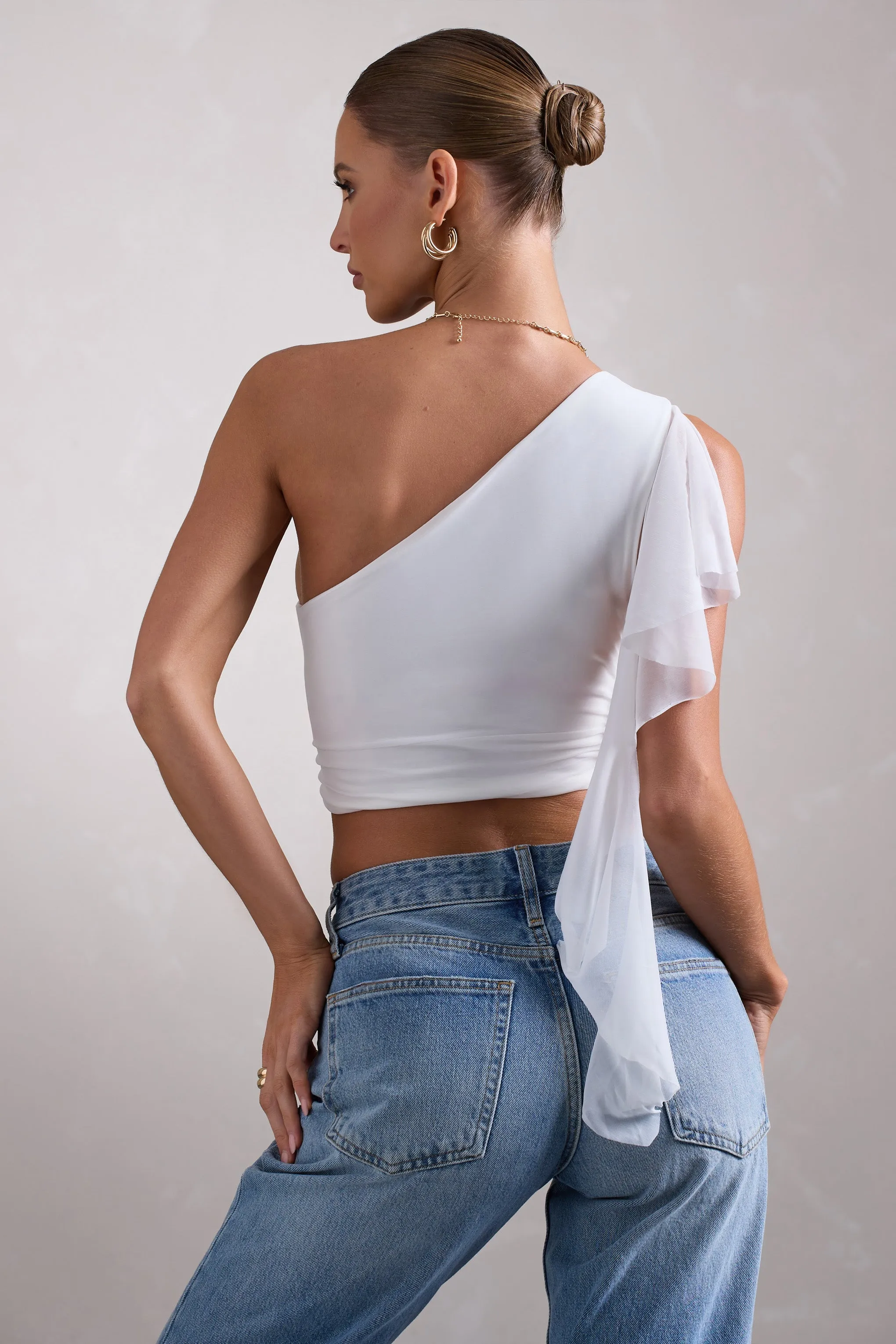 Fondant | White Asymmetric Ruched Top With Statement Ruffles