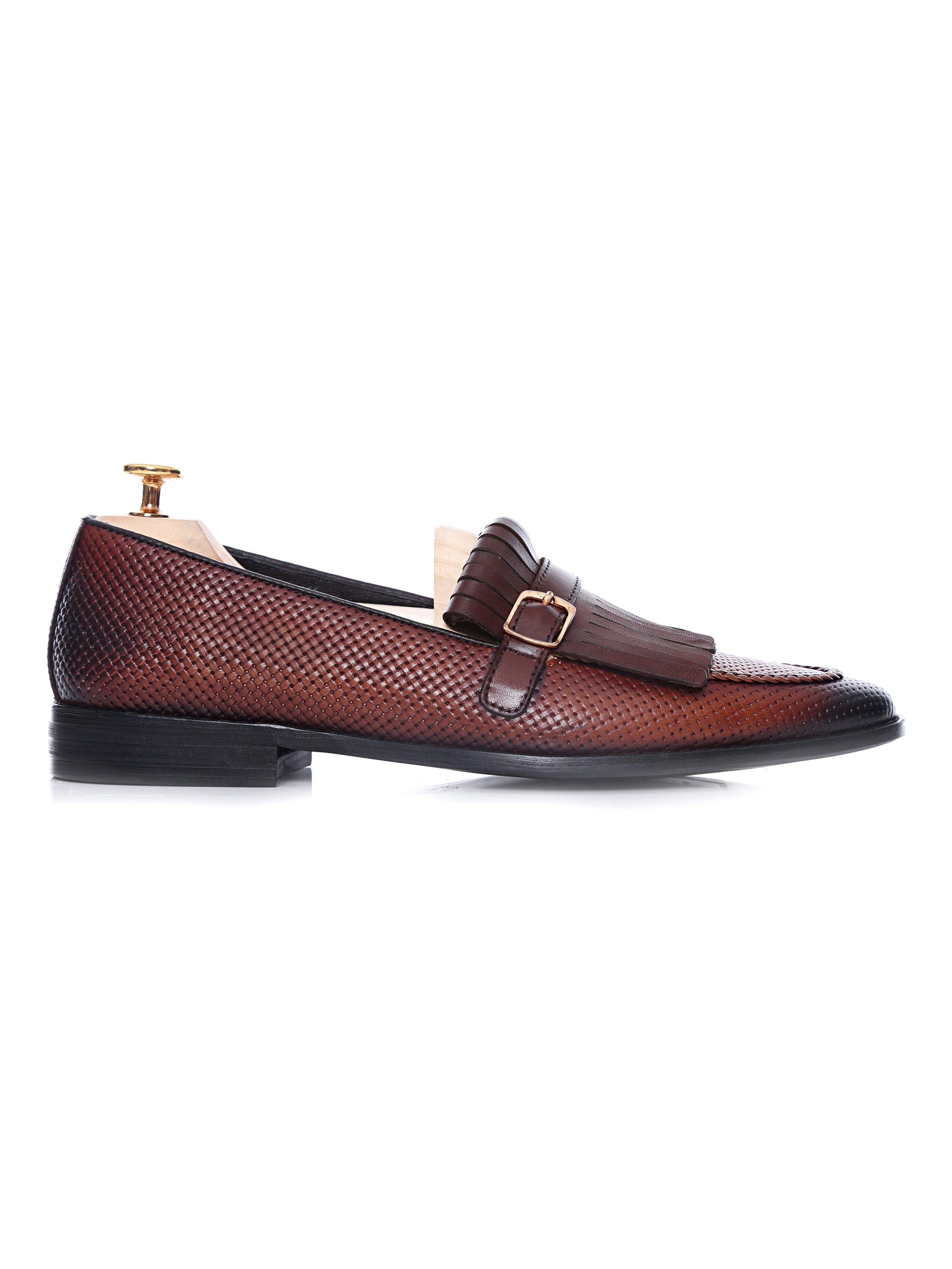 Fringe Kiltie Loafer - Cognac Tan Woven Leather with Side Buckle (Hand Painted Patina)