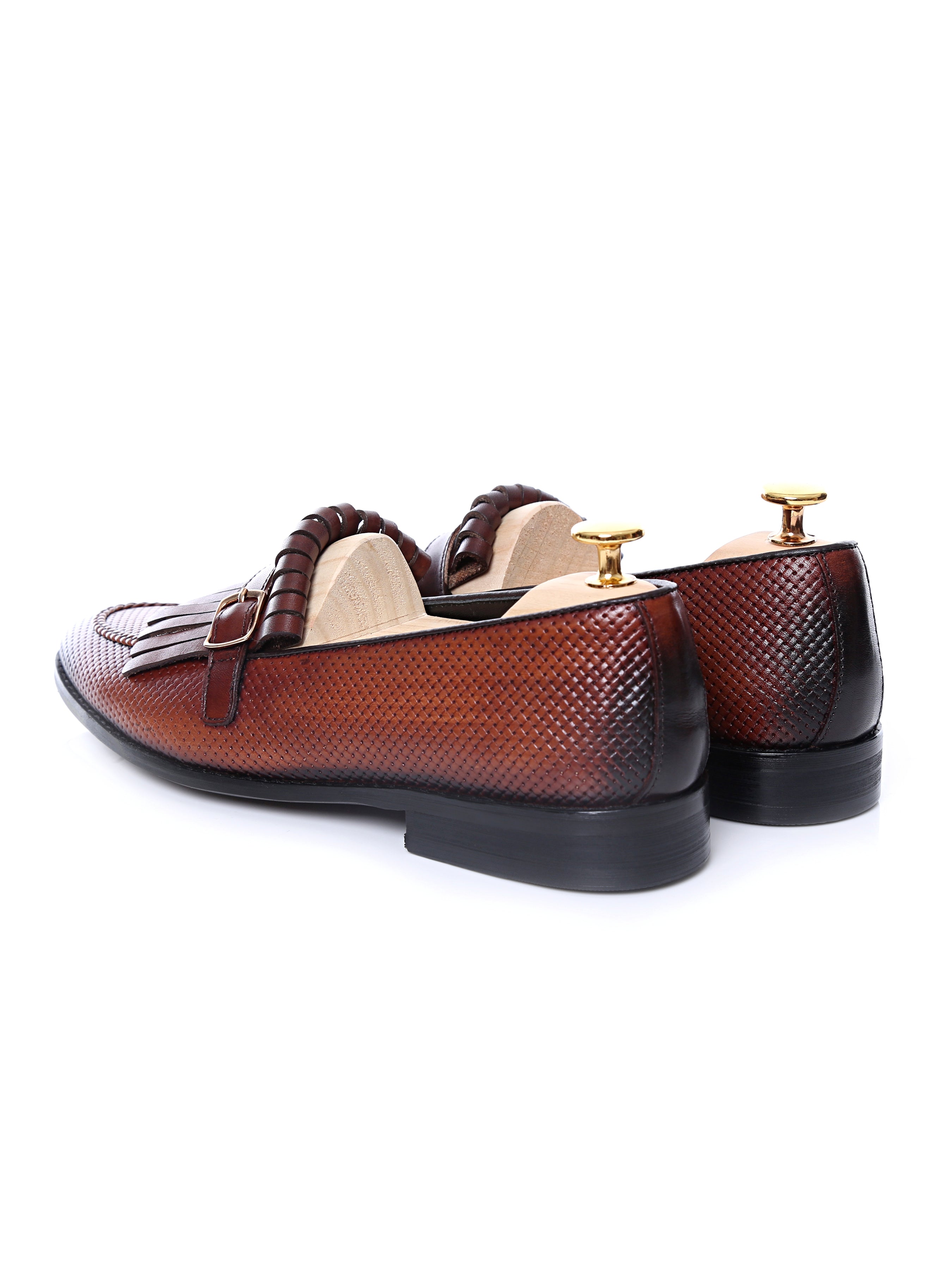 Fringe Kiltie Loafer - Cognac Tan Woven Leather with Side Buckle (Hand Painted Patina)