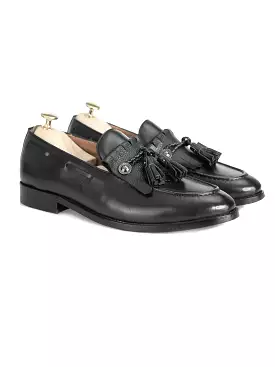 Fringe Ribbon Loafer - Black with Tassel (Hand Painted Patina)