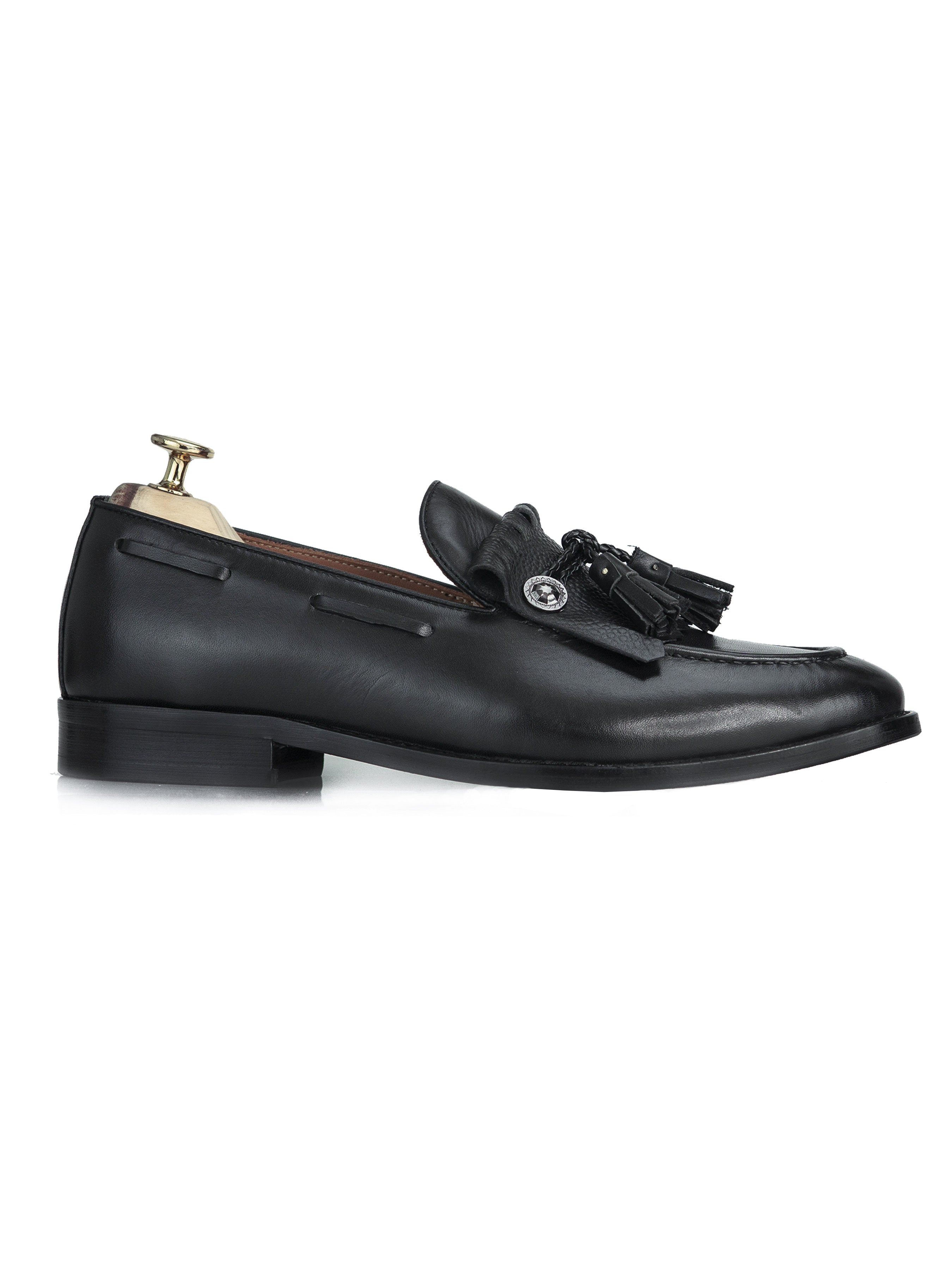 Fringe Ribbon Loafer - Black with Tassel (Hand Painted Patina)