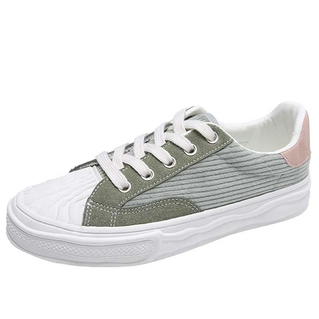 Green canvas texture stripe lace up shoe sneaker