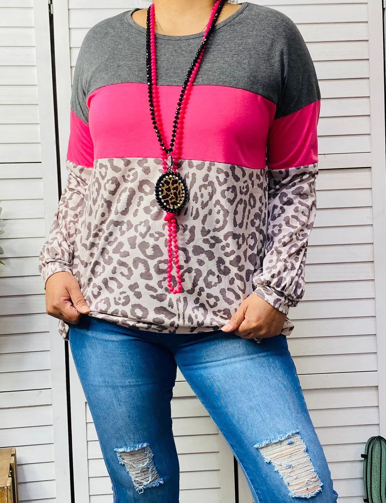 Grey, Pink, Leopard long sleeve top