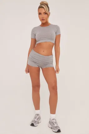 Grey Round Neck Cropped Top & Ruched Shorts Co-ord Set - Lyla