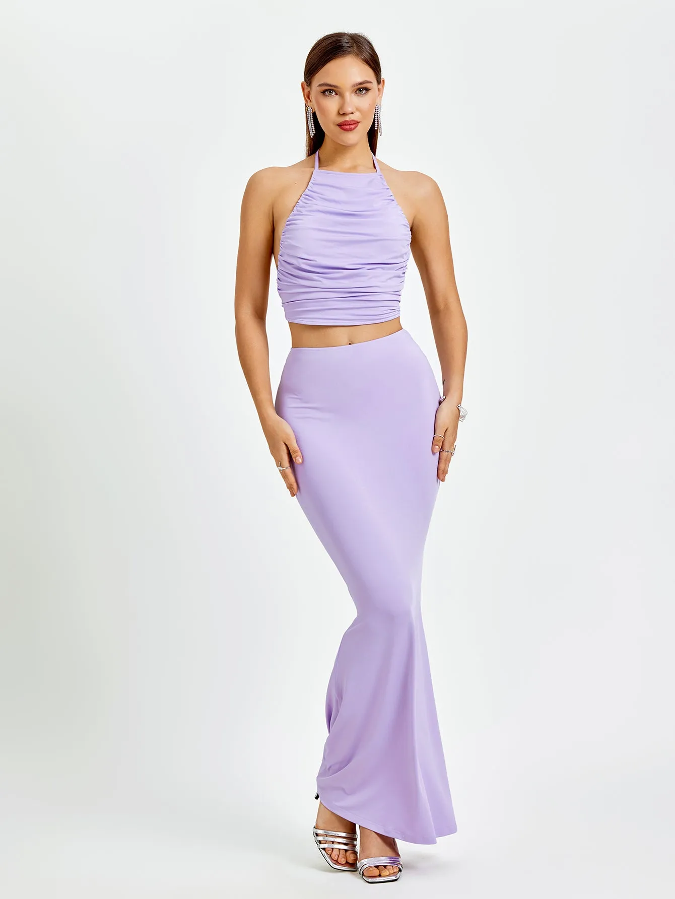 Halter Ruched Tie Back Top&Mermaid Bodycon Skirt