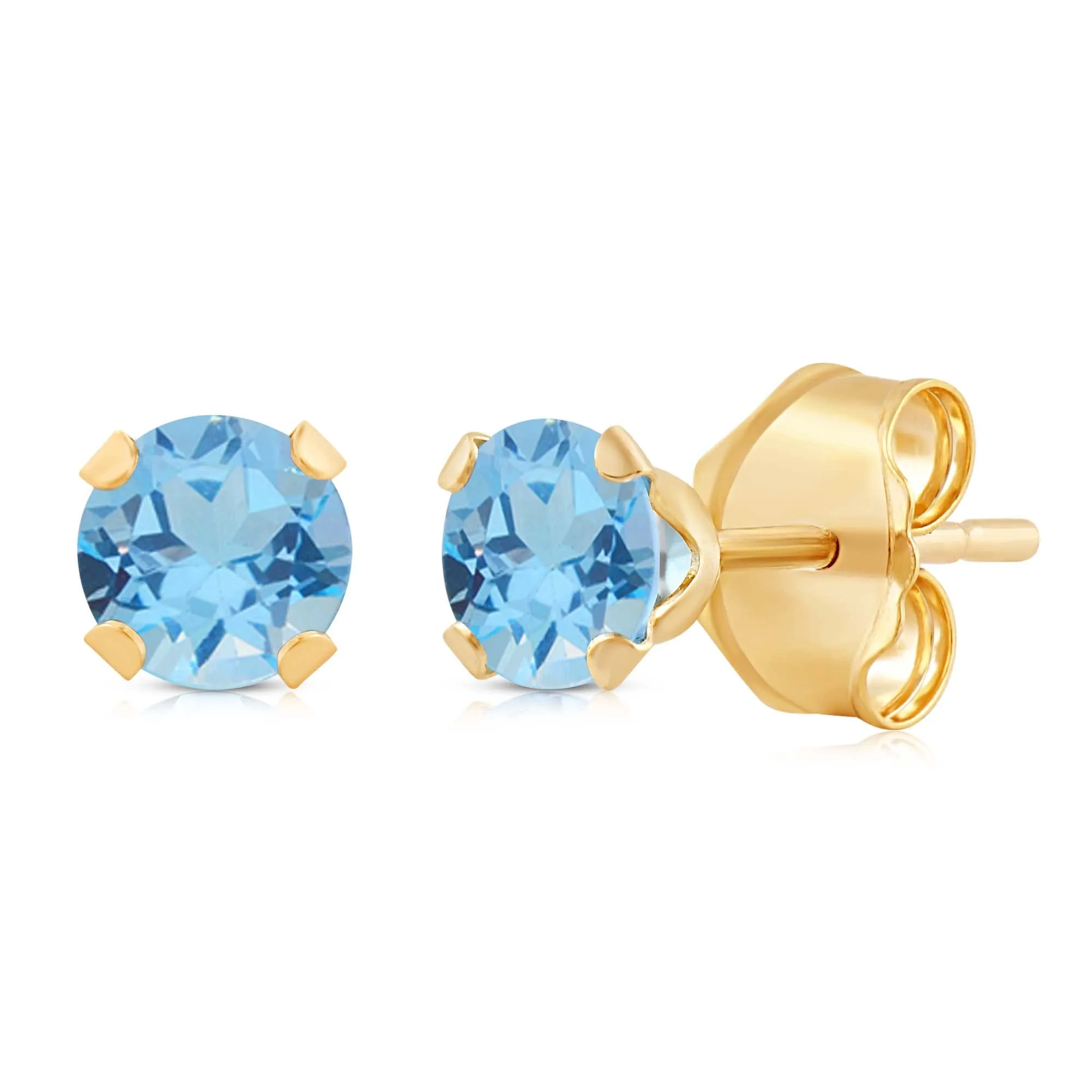 Jewelili 10K Yellow Gold with Round Shape Swiss Blue Topaz Stud Earrings