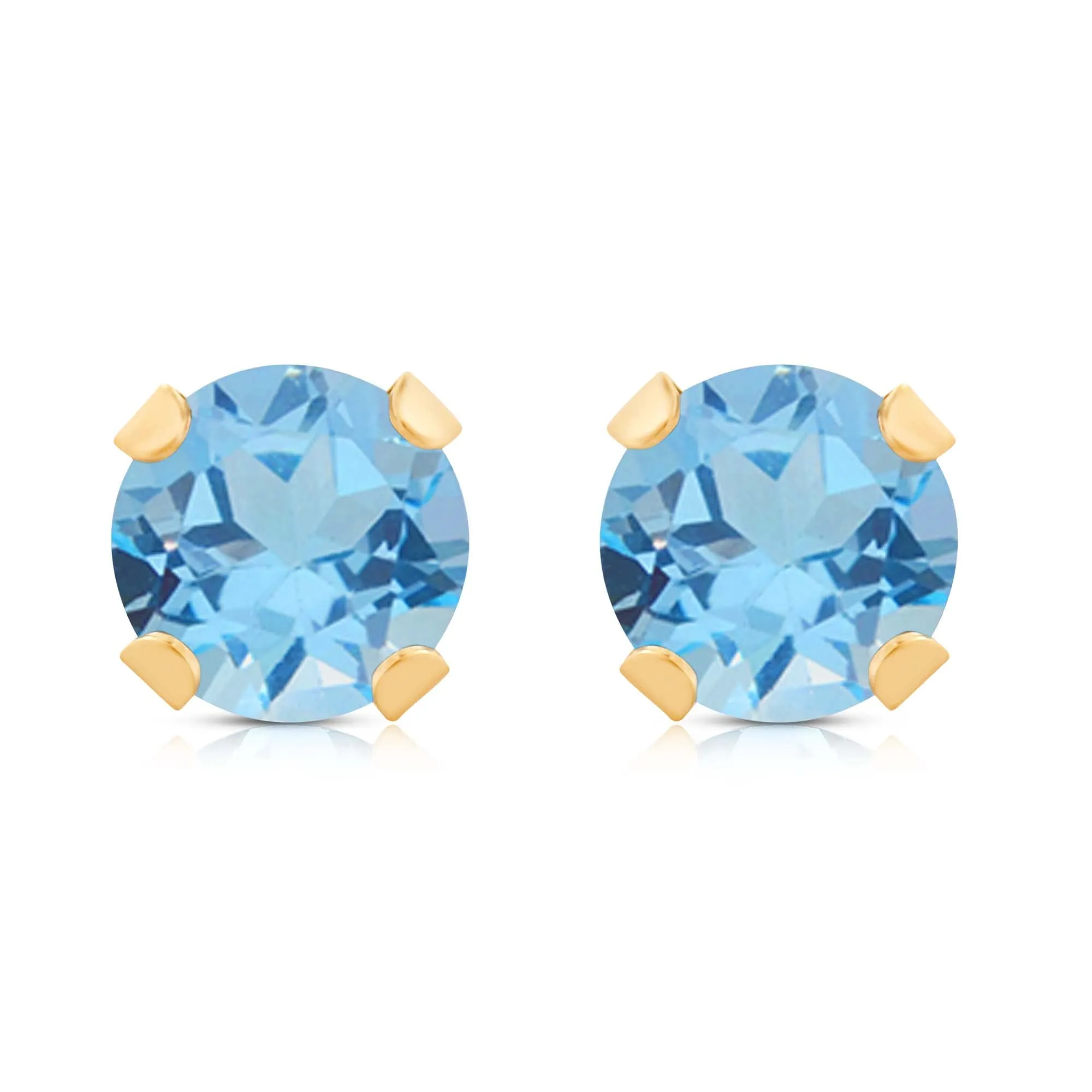 Jewelili 10K Yellow Gold with Round Shape Swiss Blue Topaz Stud Earrings