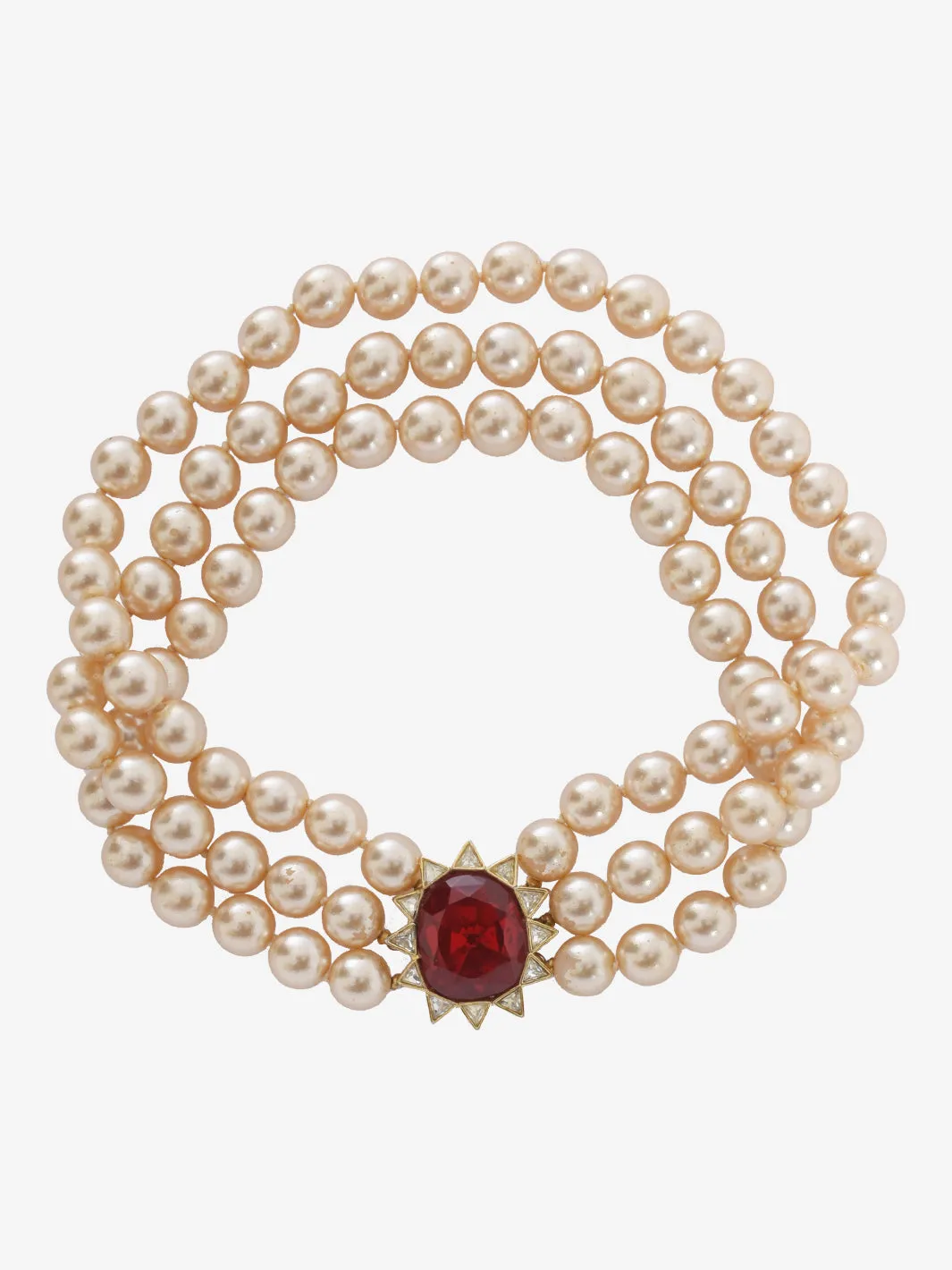 Kenneth Jay Lane Synthesis Pearl Necklace With Red Swarovski Rhinestones