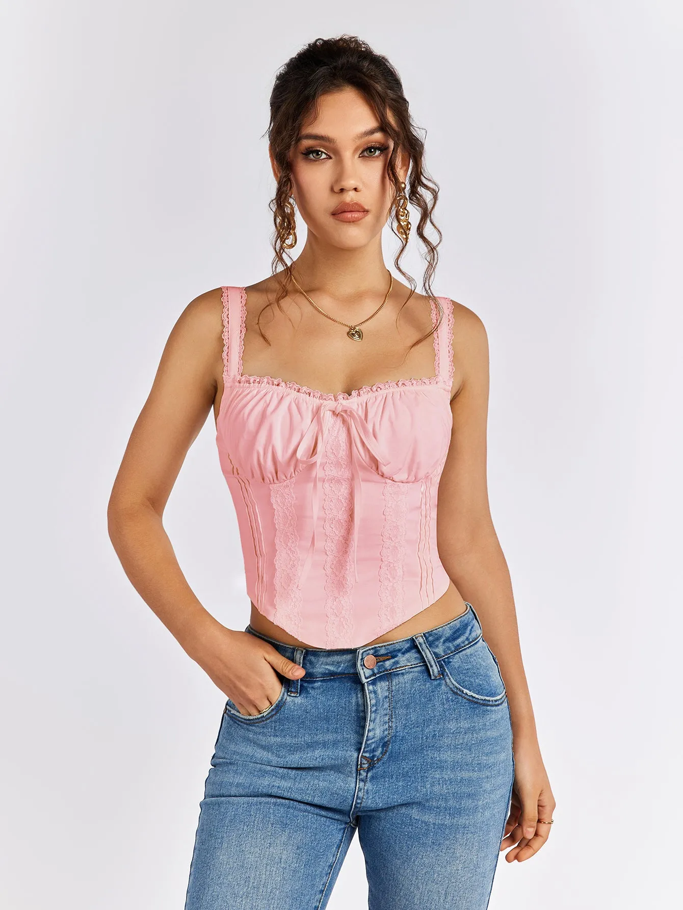 Lace Trim Ruched Bust Tie Front Tank Top