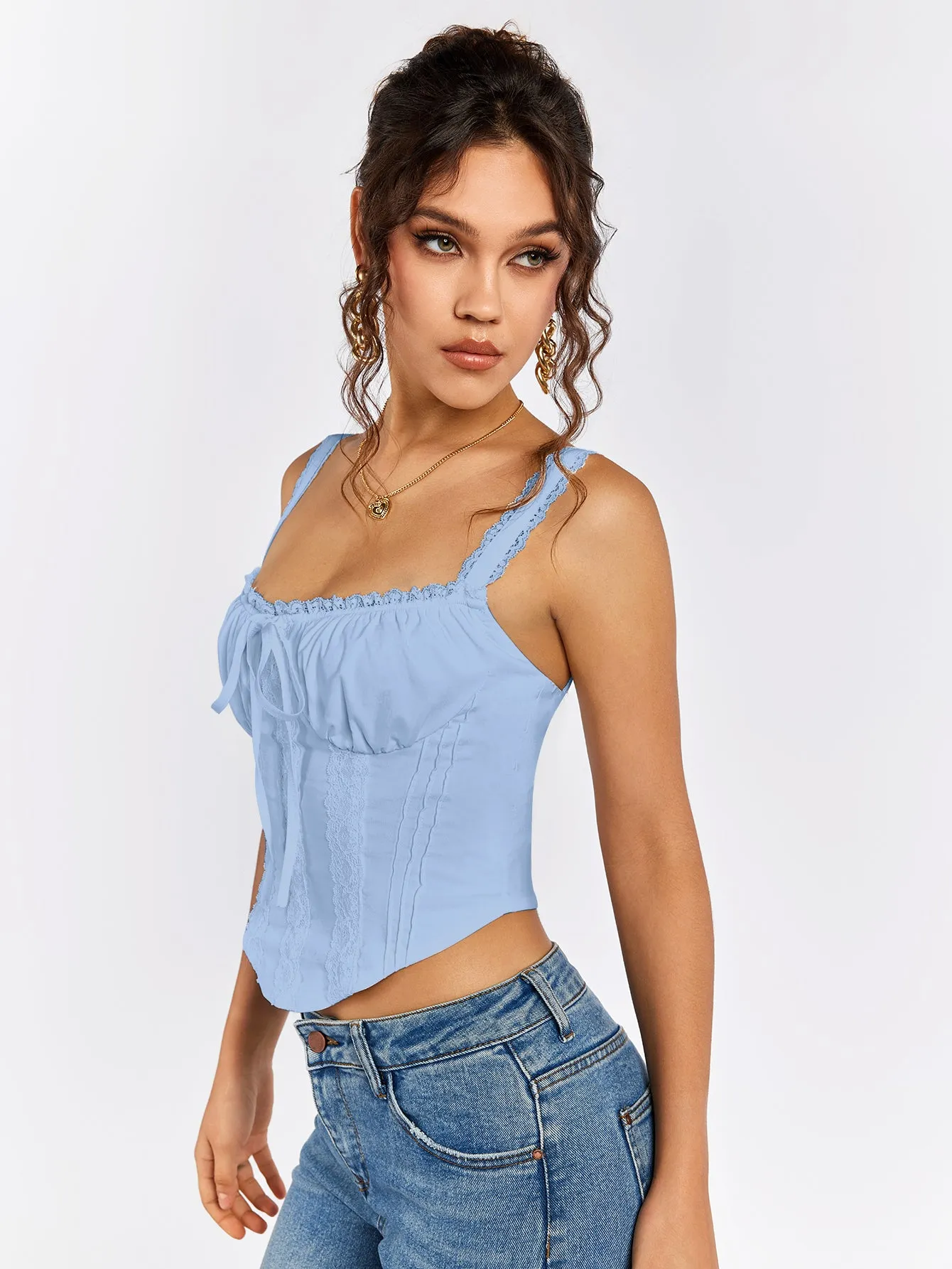 Lace Trim Ruched Bust Tie Front Tank Top