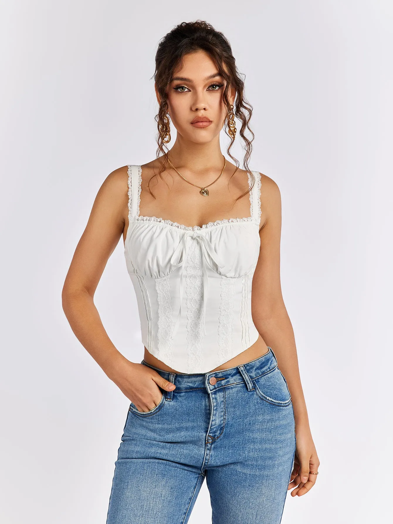 Lace Trim Ruched Bust Tie Front Tank Top